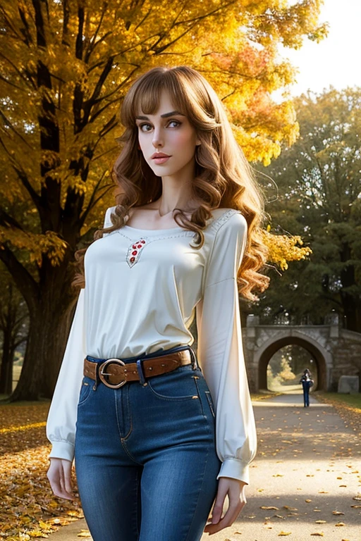 medium cowboy shot, professional photograph, (Jordan Carver:Natalie Portman:0.1), aged 18, young, inquisitive, cute, looking away, (giant tall skinny lanky woman:1.45), sfw, (slim slender arafed narrow woman:1.45), soft lighting, hidden symmetric breasts, denim jeans, long pale tucked-in long-sleeved cotton t-shirt, belt, detailed beautiful bright symmetric eyes, old city park, trees, standing, (near a stone arch bridge over a stony creek:0.8), antique lamppost, sky, auburn hair, autumn leaves, (big huge enormous massive colossal gigantic breasts:1.4), (hair tied back), (big flowing extremely long hair), bangs, outside, canon 5d, (bursting breasts), (skindentation:1.25), cleavage