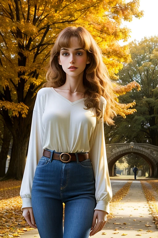 medium cowboy shot, professional photograph, (Jordan Carver:Natalie Portman:0.1), aged 18, young, inquisitive, cute, looking away, (giant tall skinny lanky woman:1.45), sfw, (slim slender arafed narrow woman:1.45), soft lighting, hidden symmetric breasts, denim jeans, long pale tucked-in long-sleeved cotton t-shirt, belt, detailed beautiful bright symmetric eyes, old city park, trees, standing, (near a stone arch bridge over a stony creek:0.8), antique lamppost, sky, auburn hair, autumn leaves, (big huge enormous massive colossal gigantic breasts:1.4), (hair tied back), (big flowing extremely long hair), bangs, outside, canon 5d, (bursting breasts), (skindentation:1.25), cleavage