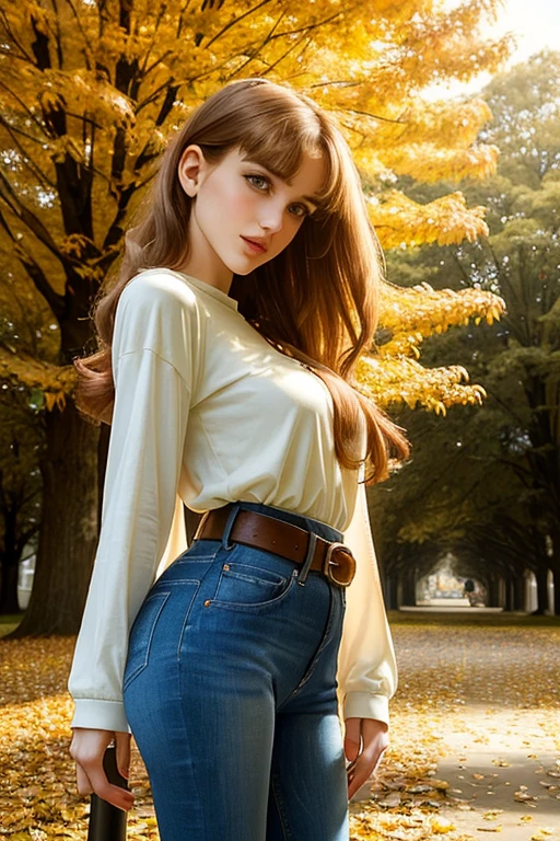 medium cowboy shot, professional photograph, (Jordan Carver:Natalie Portman:0.1), aged 18, young, inquisitive, cute, looking away, (giant tall skinny lanky woman:1.45), sfw, (slim slender arafed narrow woman:1.45), soft lighting, hidden symmetric breasts, denim jeans, long pale tucked-in long-sleeved cotton t-shirt, belt, detailed beautiful bright symmetric eyes, old city park, trees, standing, (near a stone arch bridge over a stony creek:0.8), antique lamppost, sky, auburn hair, autumn leaves, (big huge enormous massive colossal gigantic breasts:1.4), (hair tied back), (big flowing extremely long hair), bangs, outside, canon 5d, (bursting breasts), (skindentation:1.25), cleavage