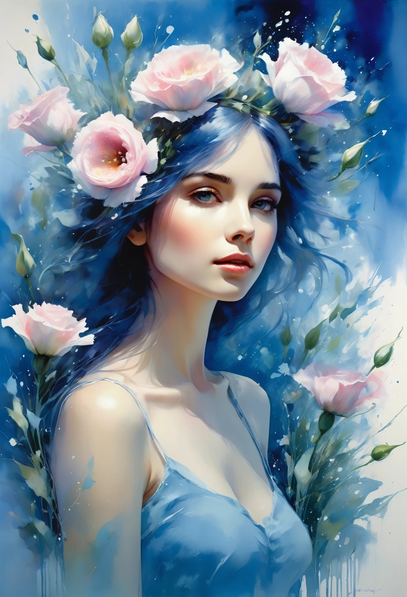 1girl,flower, Lisianthus ,in the style of light blue and cobalt, dreamy and romantic compositions, pale pink, ethereal foliage, playful arrangements,fantasy, high contrast, ink strokes, explosions, over exposure, blue and light blue tone impression , abstract, ((watercolor painting by John Berkey and Jeremy Mann )) brush strokes, negative space, best quality, ultra-detailed, realistic:1.37, portraits, vibrant colors, soft pastel tones, natural lighting.