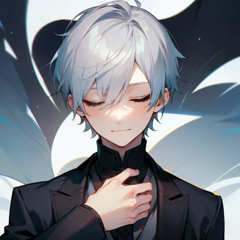 1 boy、highest quality, Tabletop, Beautiful Face、suit、Silver Hair、intelligent、short hair、whole body、(close your eyes) evil smilin...