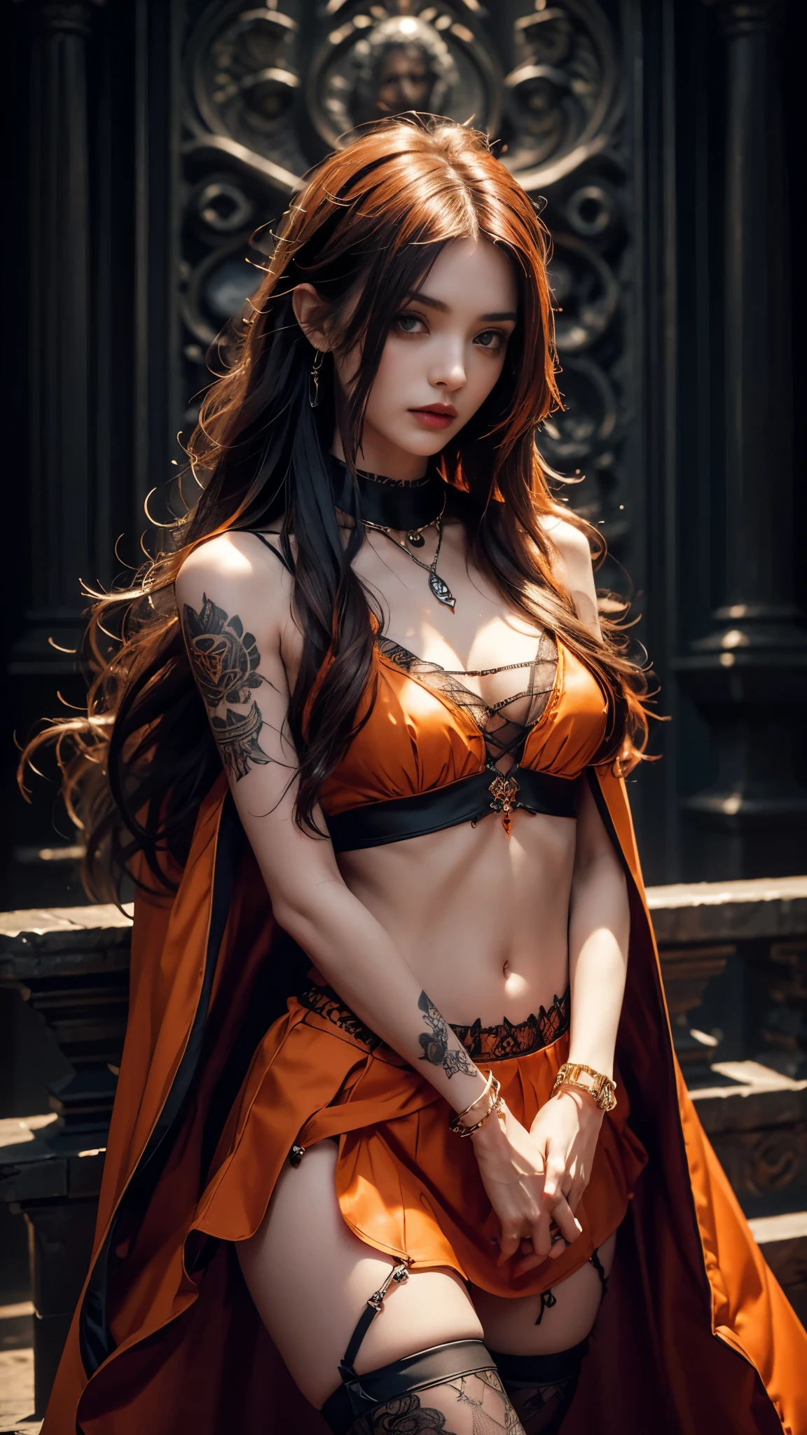 Gothic style photorealistic, 1girl, (Unreal tattoo), long hair, witch hair, solo, navel, detailed eyes, jewelry, bracelet, choker, small breasts, looking at viewer, realistic, necklace, (((orange clothing))), short mini skirt, bare shoulders, thigh highs, mesh cape, Dark, mysterious, haunting, dramatic, ornate, detailed,