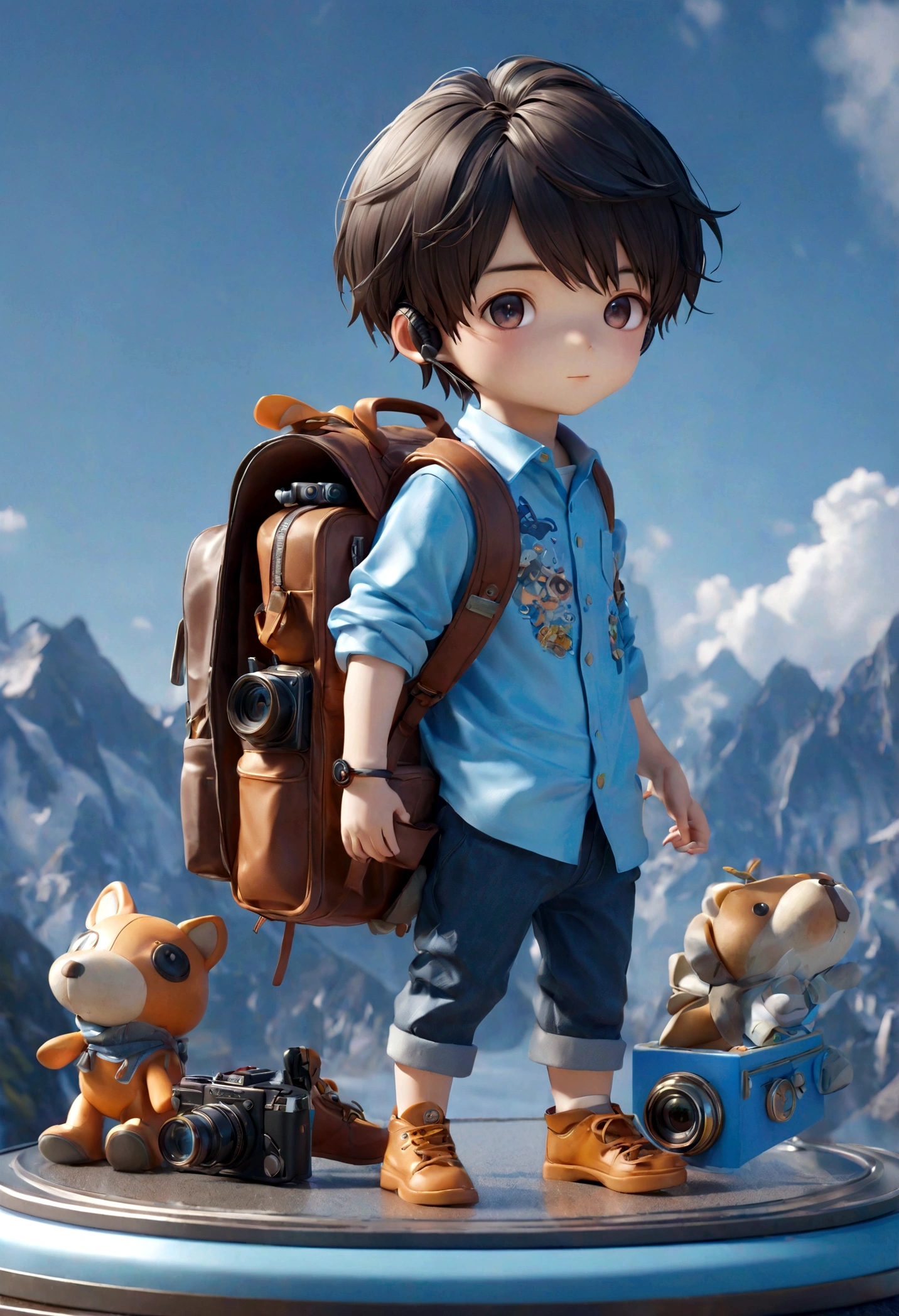 A chinese boy, With a headset, Wearing a shirt, camera, Carrying a camera backpack, full-body shot, 85mm lens, Ultra-high-definition picture quality, ue5 render, Ray Tracing, high detail, blind box toy style, UHD, super detail, high details, high quality