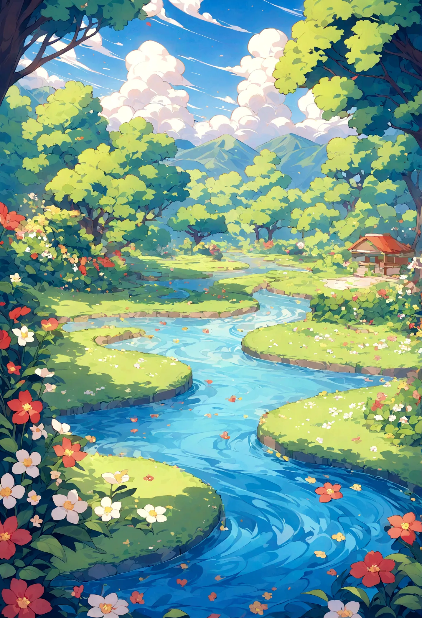 Pixelart generates a beautiful and tranquil image of a garden, There are colorful flowers, gentle stream, And the sounds of natu...