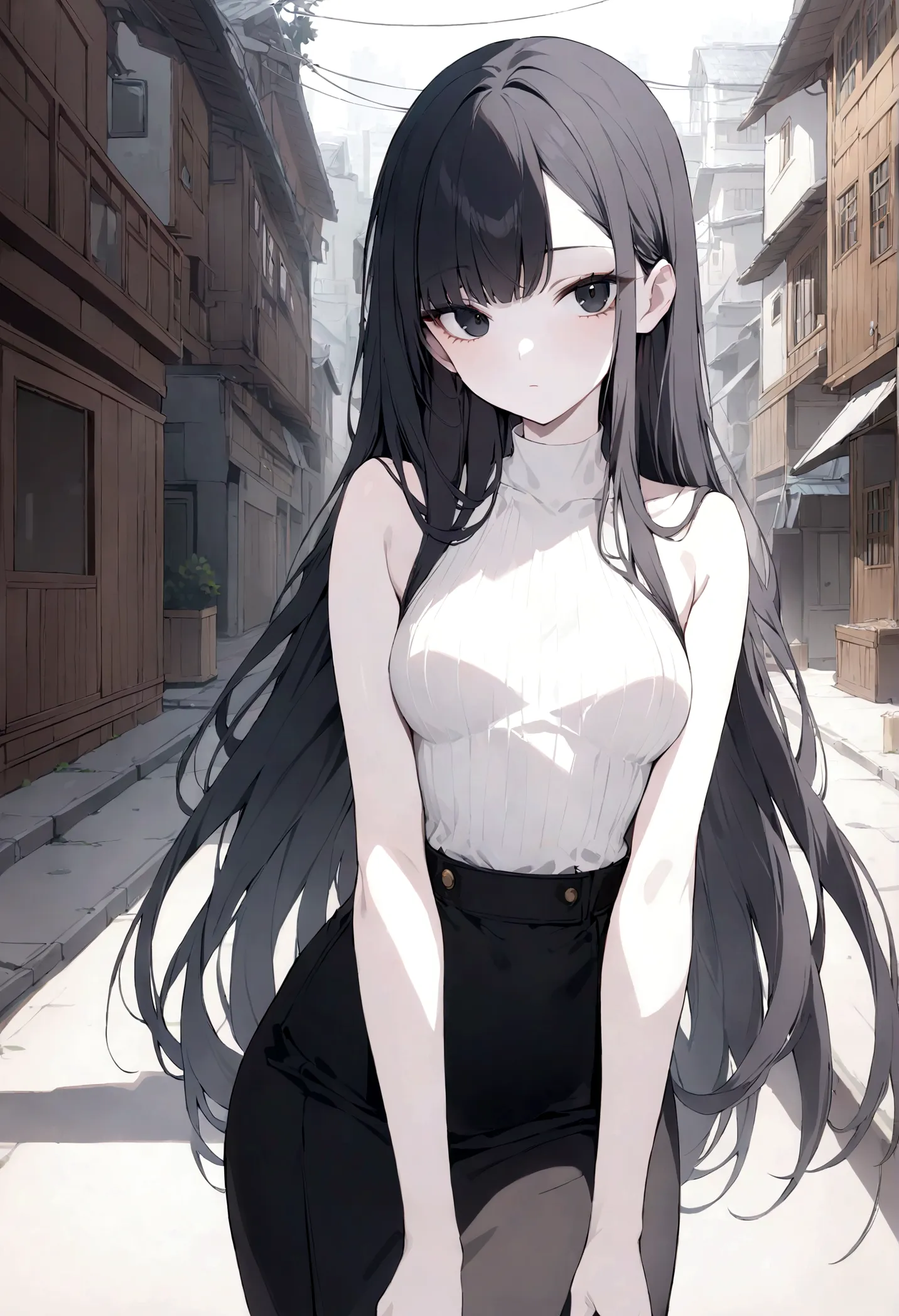 detailed, (masterpiece:1.2), (pale_skin:1.2), (alone:1.2), (woman), thin, (shine_eye), long hair, bangs, black hair, outdoor, no...