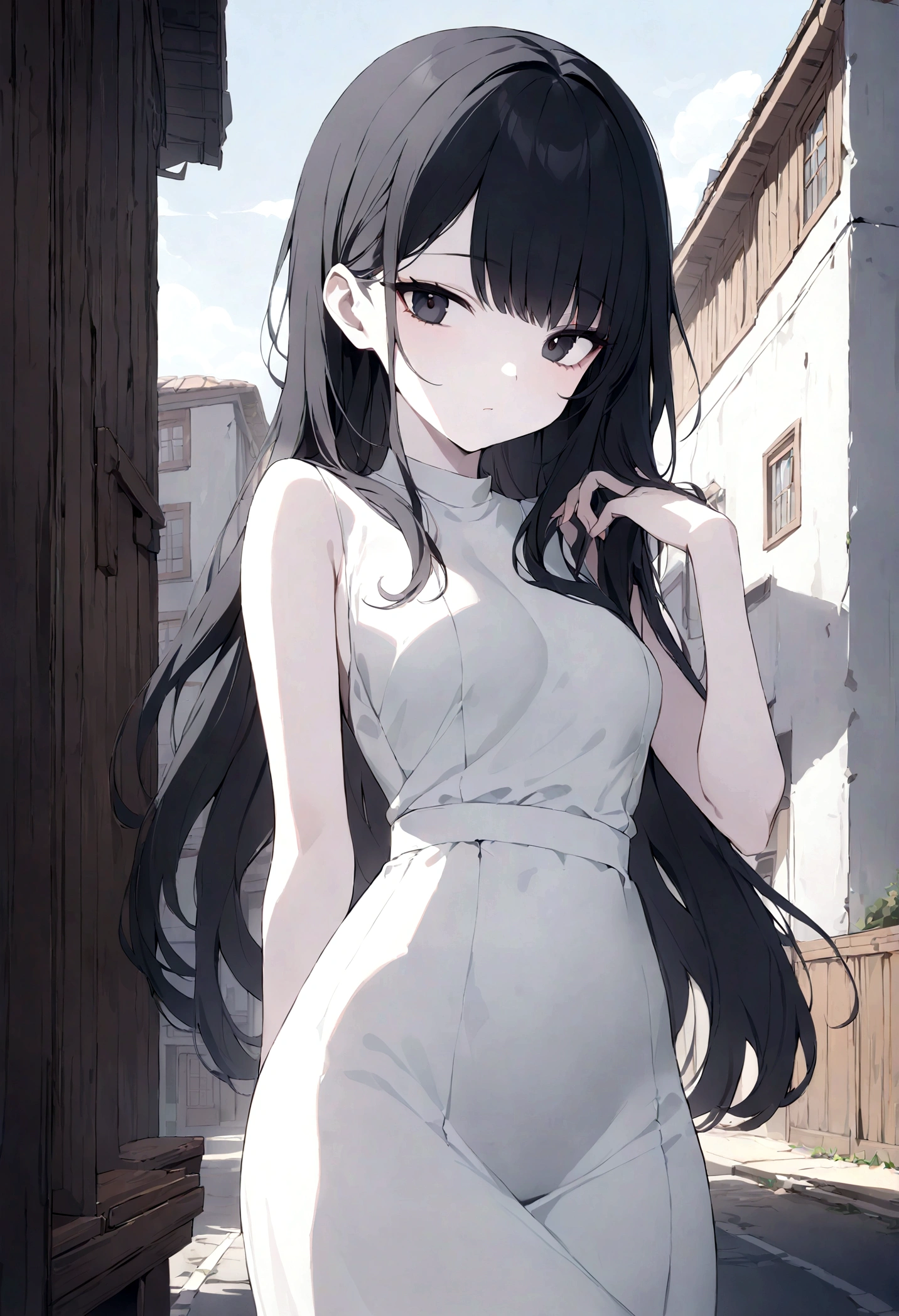 detailed, (masterpiece:1.2), (pale_skin:1.2), (alone:1.2), (woman), thin, (Shine_eye), Long Hair, bangs, Black Hair, Outdoor, No sleeve, black eye, wood, building, road