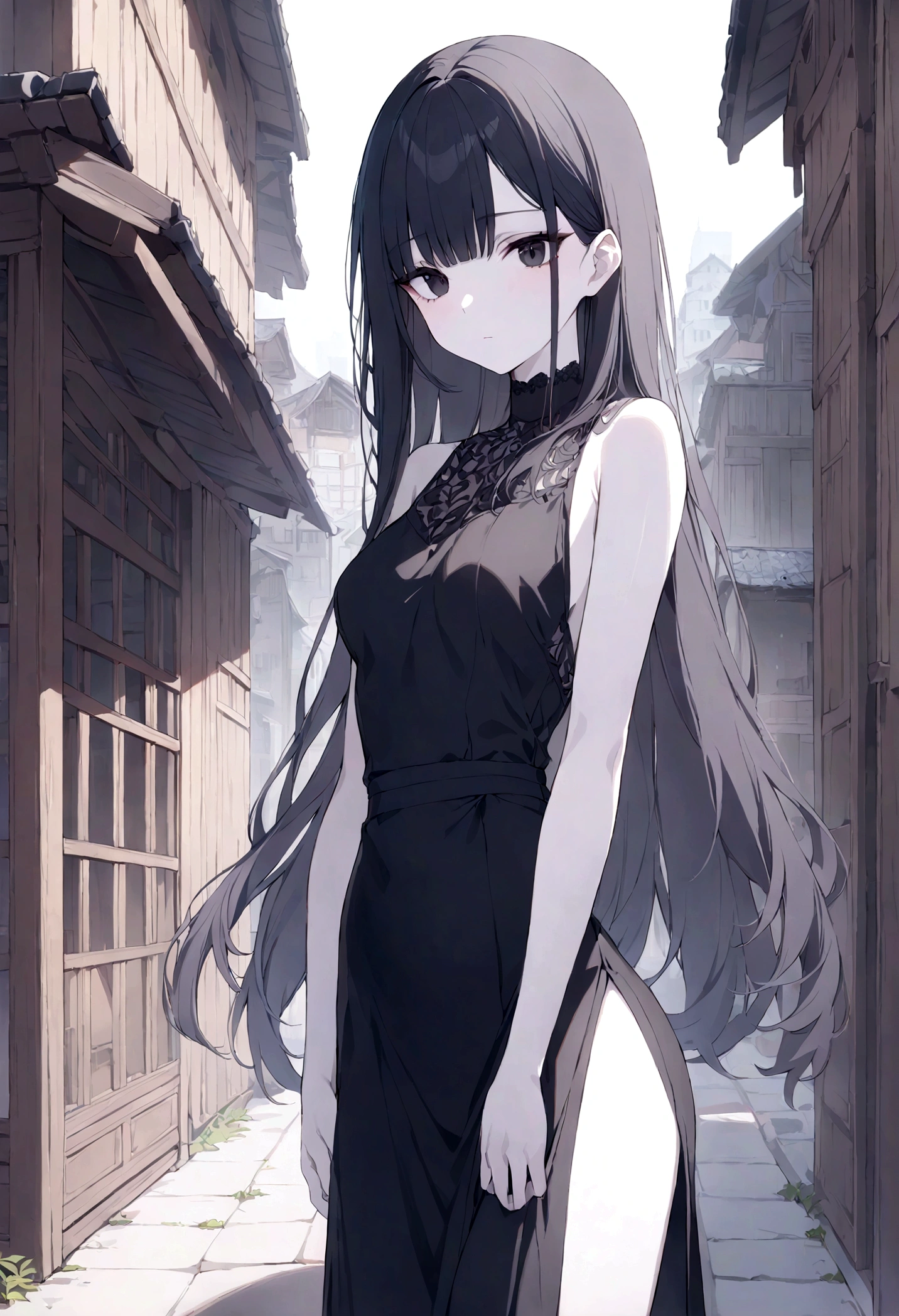 detailed, (masterpiece:1.2), (pale_skin:1.2), (alone:1.2), (woman), thin, (Shine_eye), Long Hair, bangs, Black Hair, Outdoor, No sleeve, black eye, wood, building, road