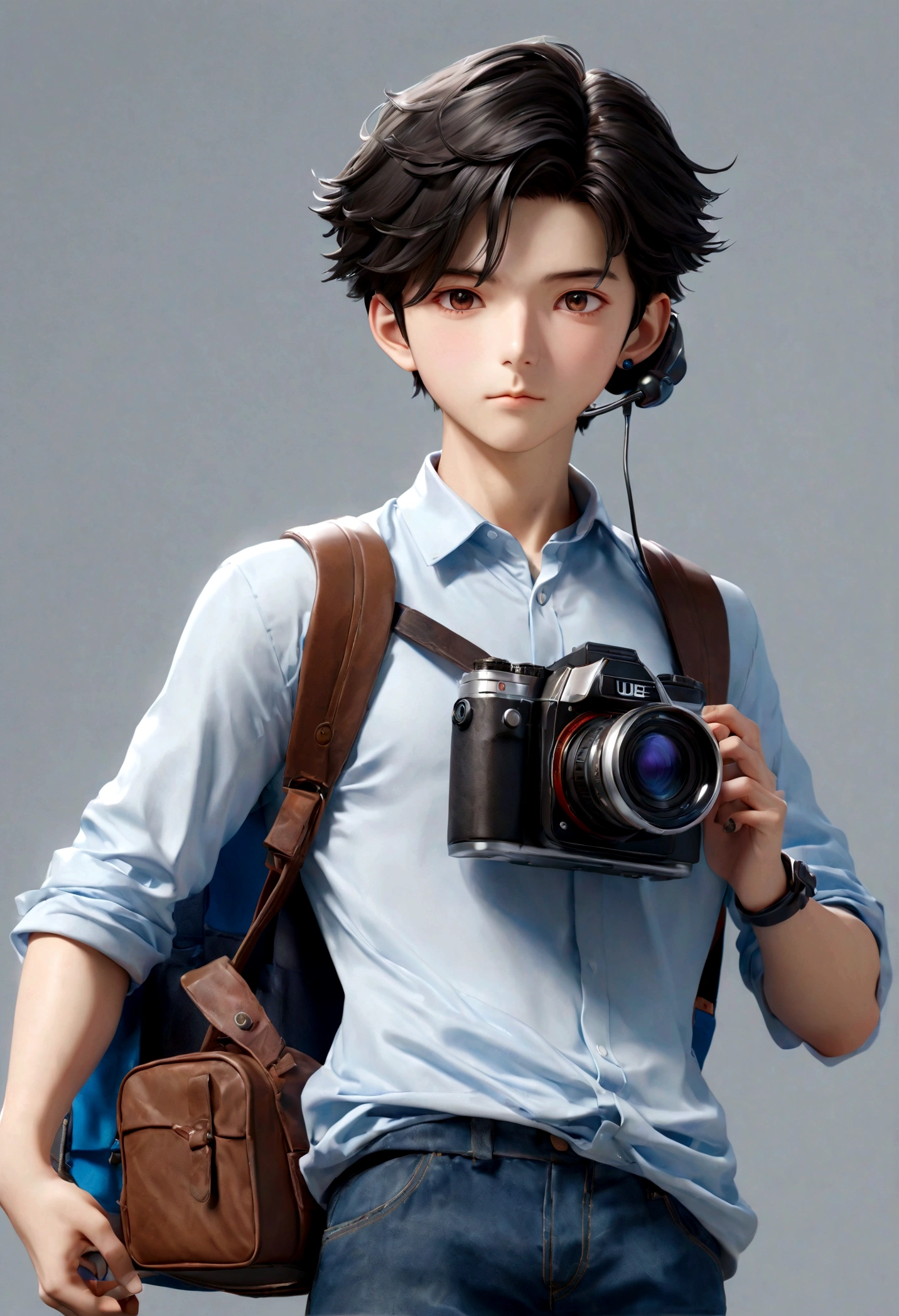 A chinese boy, With a headset, Wearing a shirt, camera, Carrying a camera backpack, full-body shot, 85mm lens, Ultra-high-definition picture quality, ue5 render, Ray Tracing, high detail, blind box toy style, UHD, super detail, high details, high quality