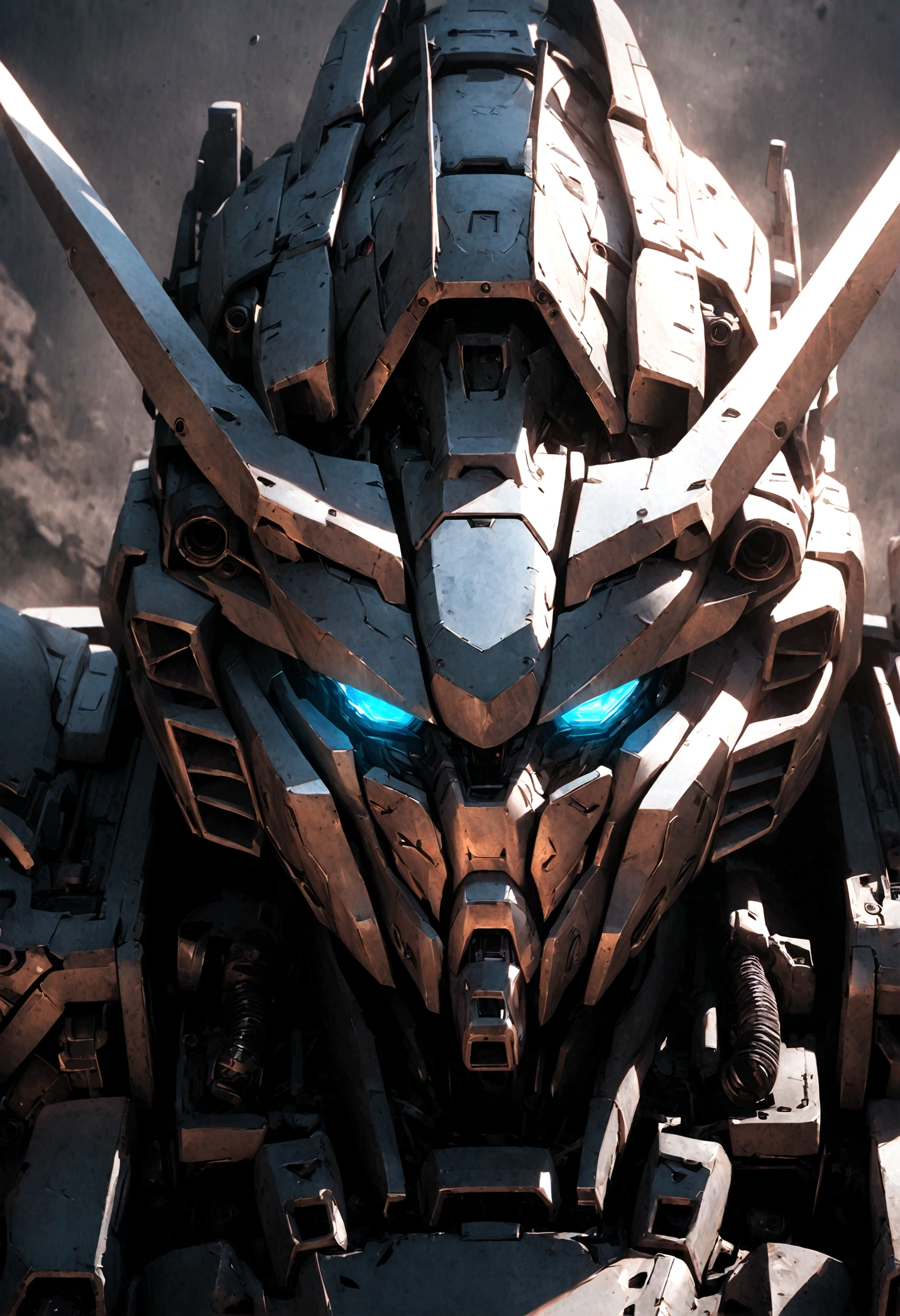 1 boy in a detailed Gundam mech suit, close-up portrait, stunningly detailed face and eyes, hyperrealistic, dramatic lighting, cinematic composition, highly detailed, intricate mecha design, industrial sci-fi, muted color palette, dramatic shadows, photorealistic, masterpiece
