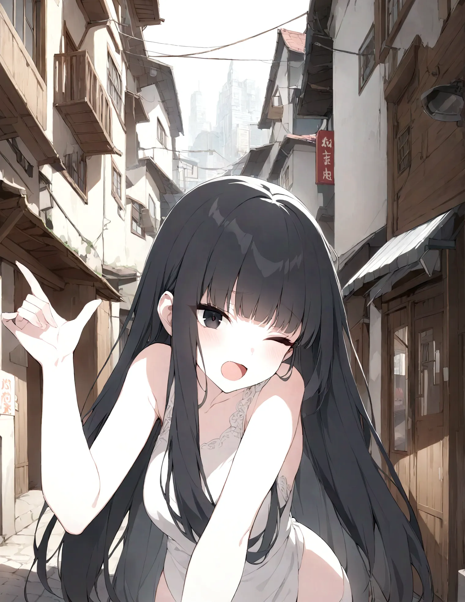 detailed, (masterpiece:1.2), (pale_skin:1.2), (alone:1.2), (woman), thin, (shine_eye), long hair, bangs, black hair, outdoor, no...