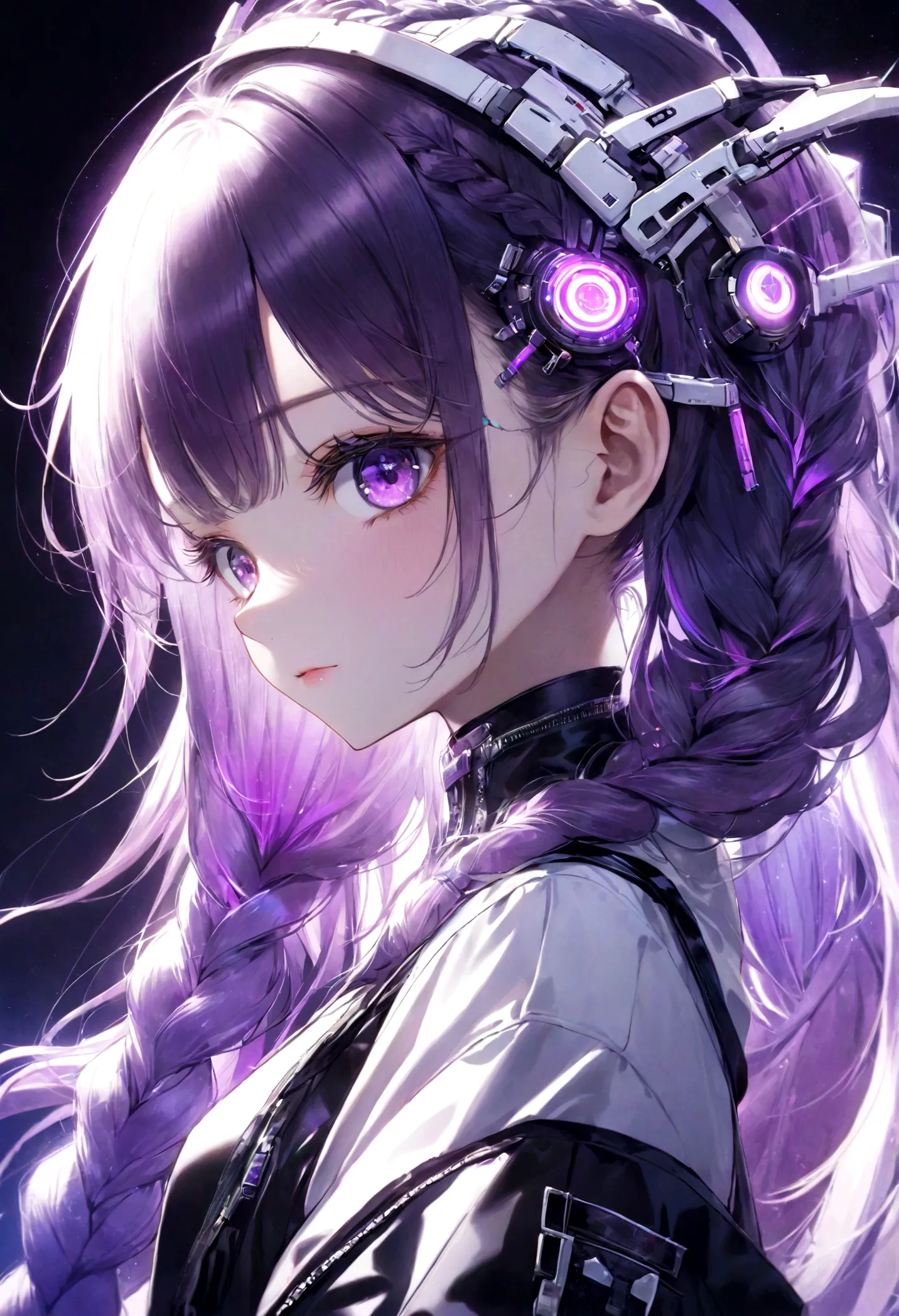 Purple and white gradient braided long hair girl、cyber punk