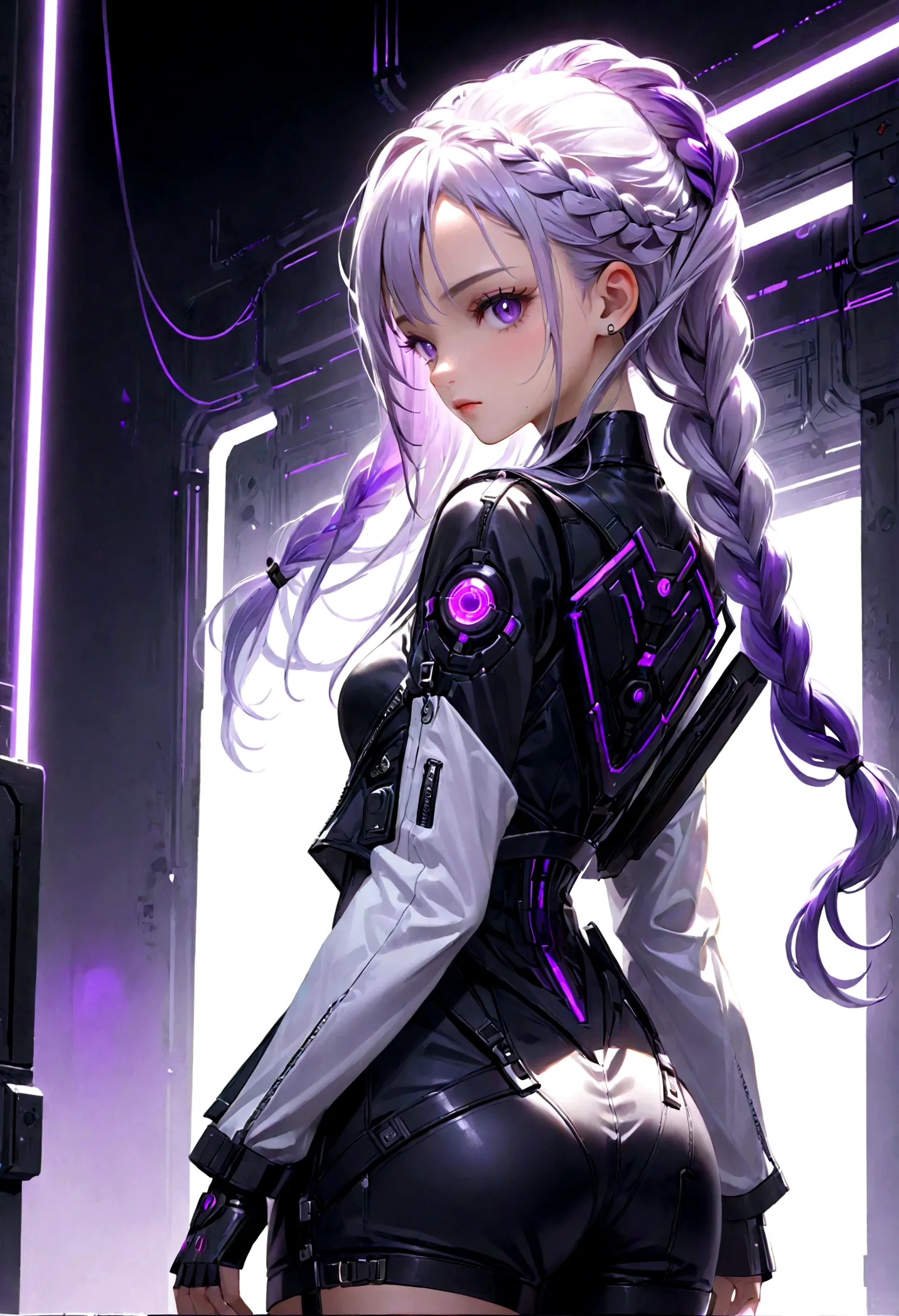 Purple and white gradient braided long hair girl、cyber punk