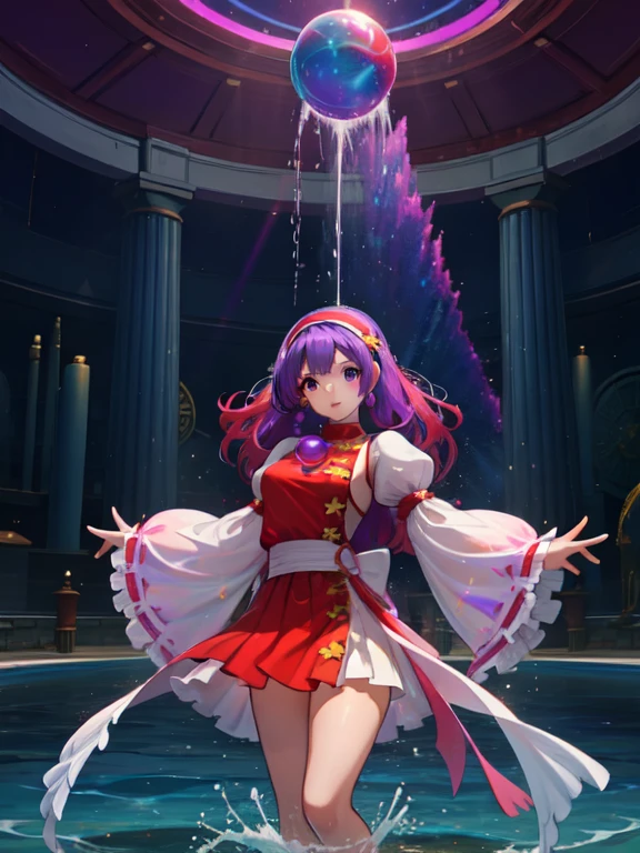 (obra maestra, mejor calidad:1.2), detalles intrincados, athena asamiya, 1 chica, vestido, , banda para el cabello, pelo largo, , cabello purpura, ojos morados, adorno para el cabello estrella,,nube,cielo,agua,agua splashes,arcoíris,(tight vestido:0.5),blue,Rojo,rosa,,fantastic colouRojo glaze,,, ácido_fluid, , holográfico,holográfico clothing,