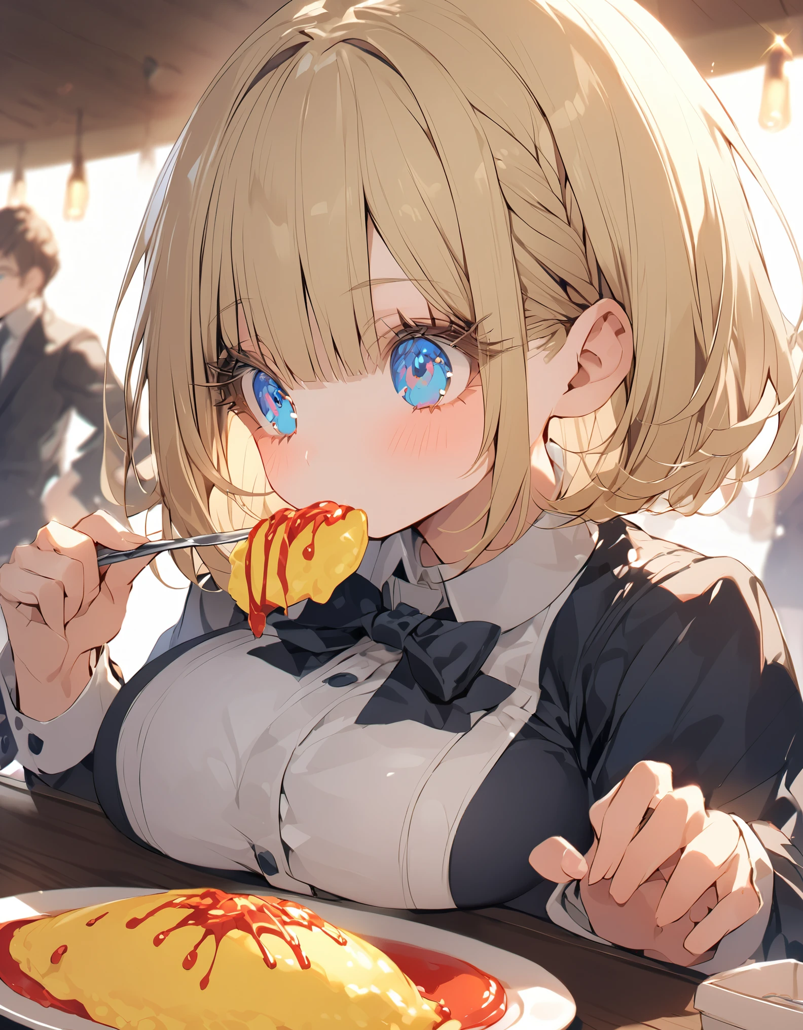 Eat omurice at a restaurant (Original uniform), (Little Girl), (blonde:1.5）(eyelash:1.2) (Short Bob Hair:1.4), (Blue eyes)(Big Breasts:1.3)
