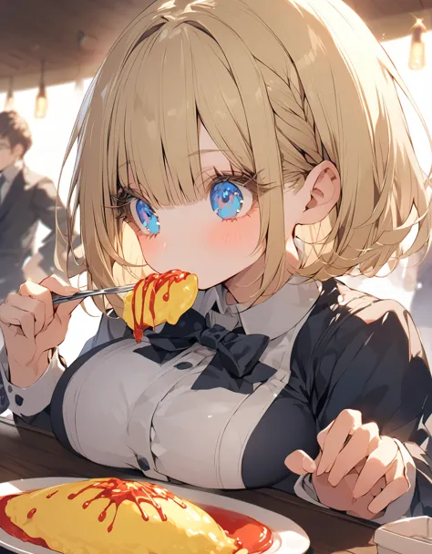 eat omurice at a restaurant (original uniform), (little girl), (blonde:1.5）(eyelash:1.2) (short bob hair:1.4), (blue eyes)(big b...