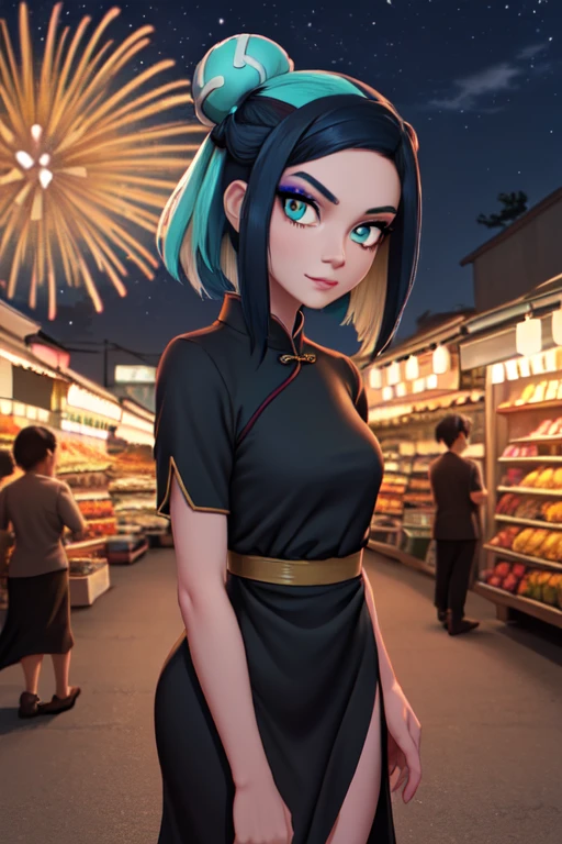 masterpiece, best quality, highly detailed, (Detailed face:1.2), (Detailed eyes:1.2), 1girl, solo, nessarnd, nessaholiday, dark skin, aqua eyes, short hair, black hair, blue hair, aqua hair, multicolored hair, two-tone hair, hair bun, single hair bun, blue eyeshadow, slim feminine figure, arrogant smile, sarong, short sleeves, Blue Chinese dress, side slit, cowboy shot, cinematic composition, ((Background: Outdoors, street's of a Chinese market place, night time, fireworks))
