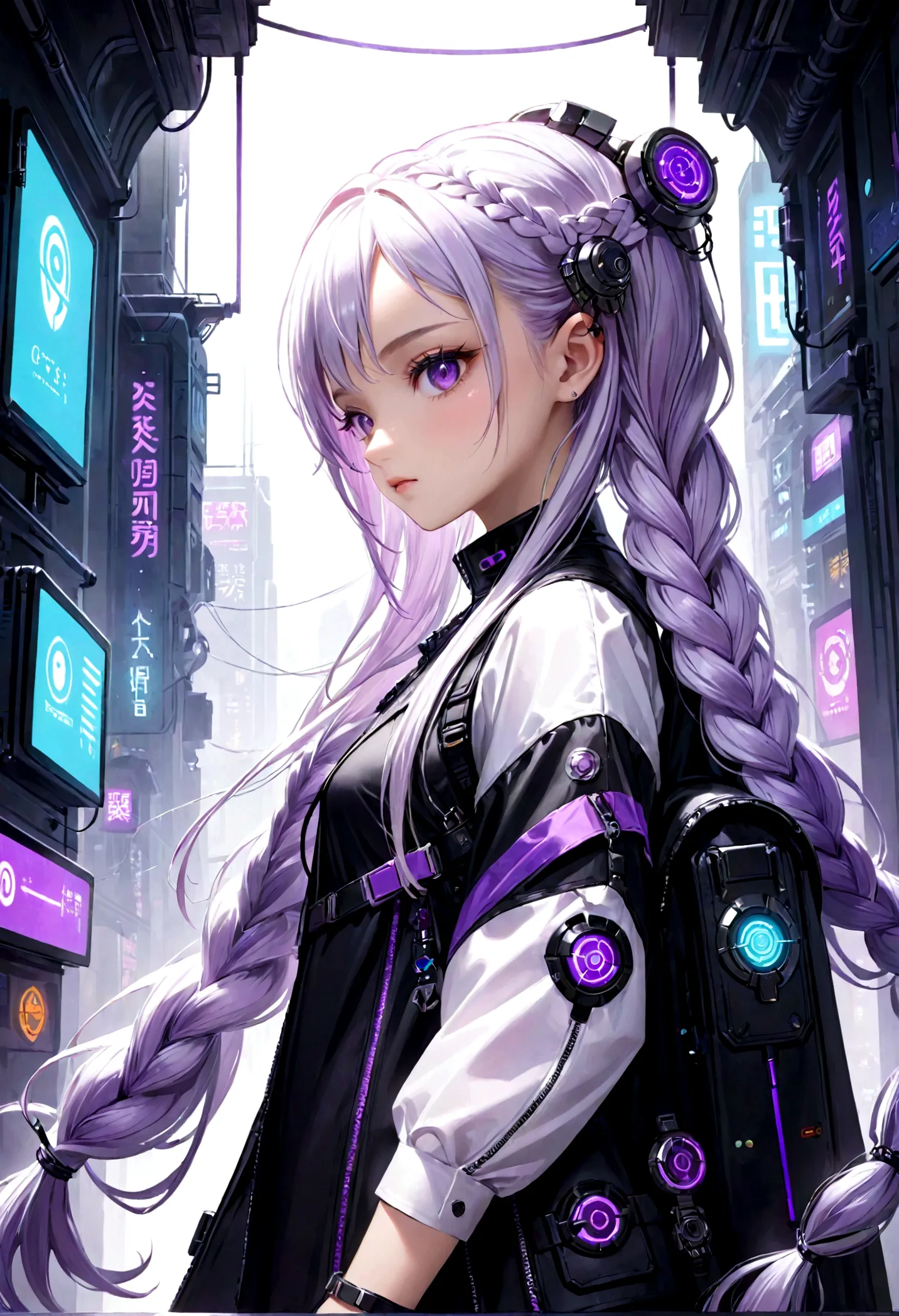 Purple and white gradient braided long hair girl、cyber punk