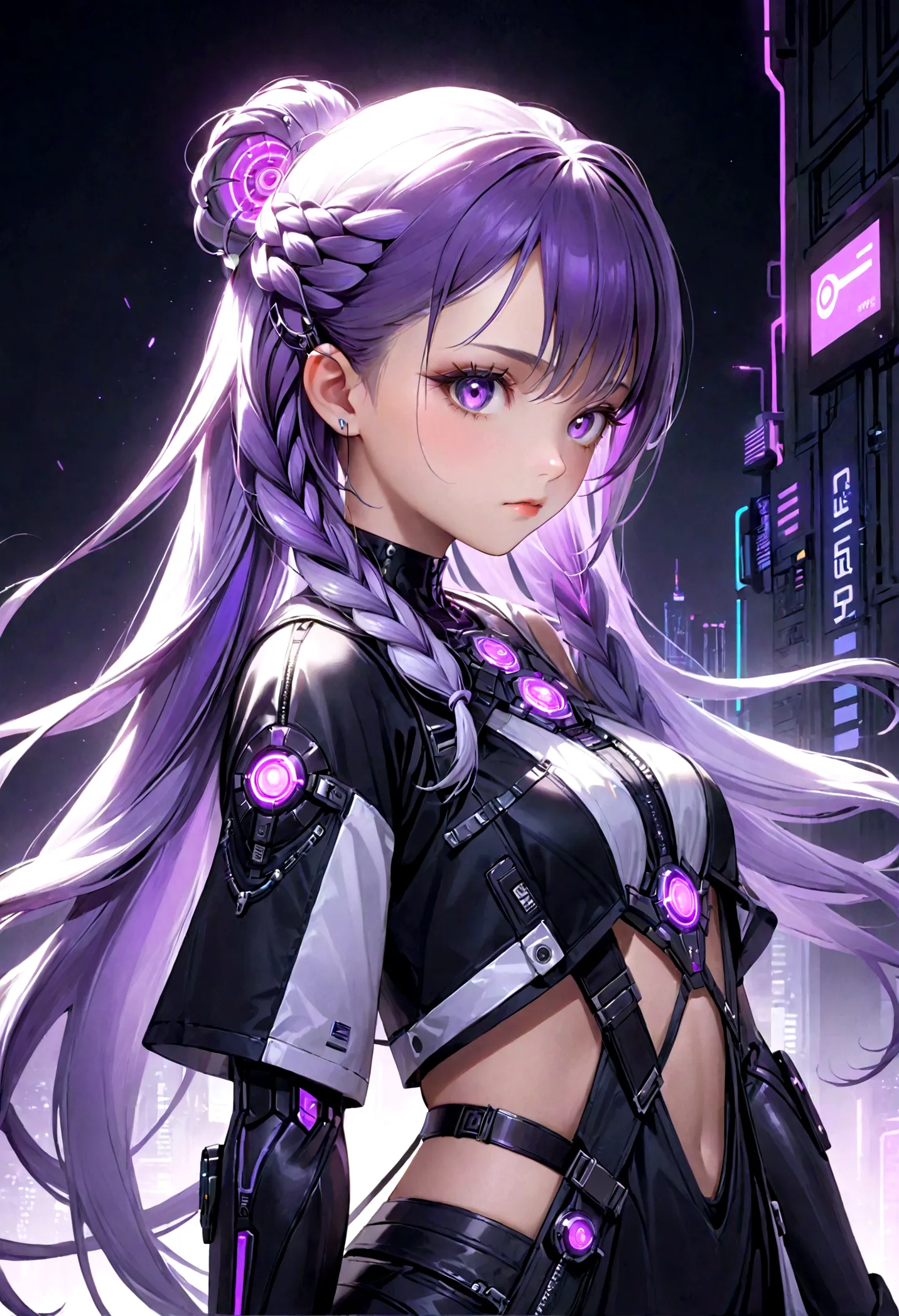 Purple and white gradient braided long hair girl、cyber punk