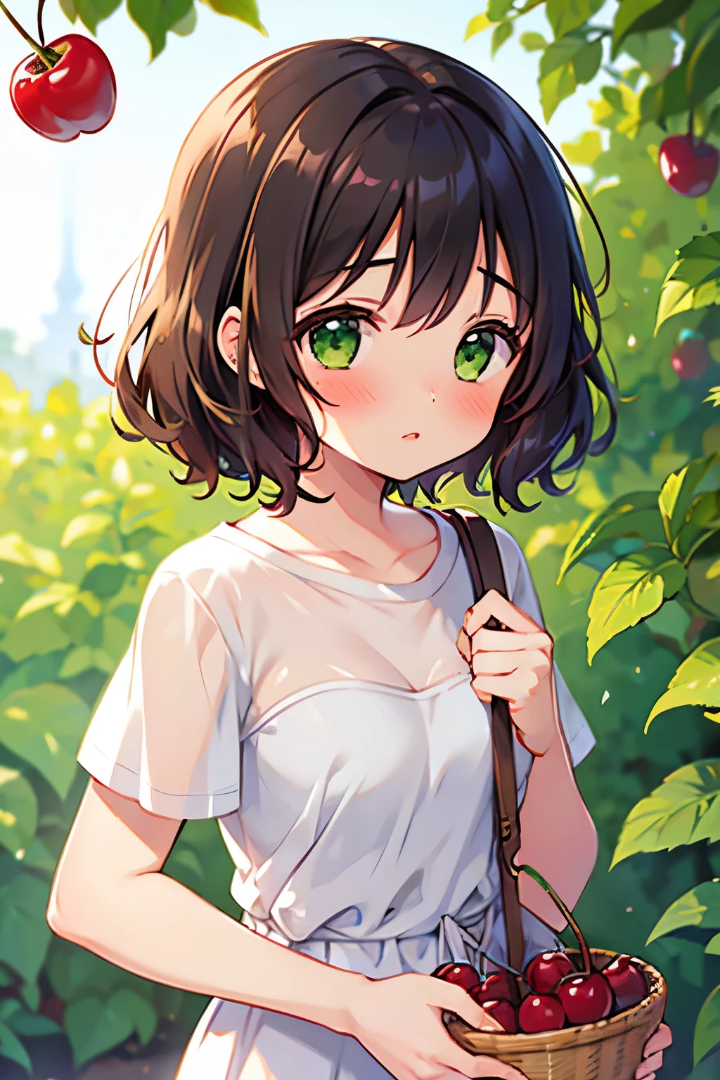 a cute girl with short curly hair, green eyes, cherries, blushing cherry