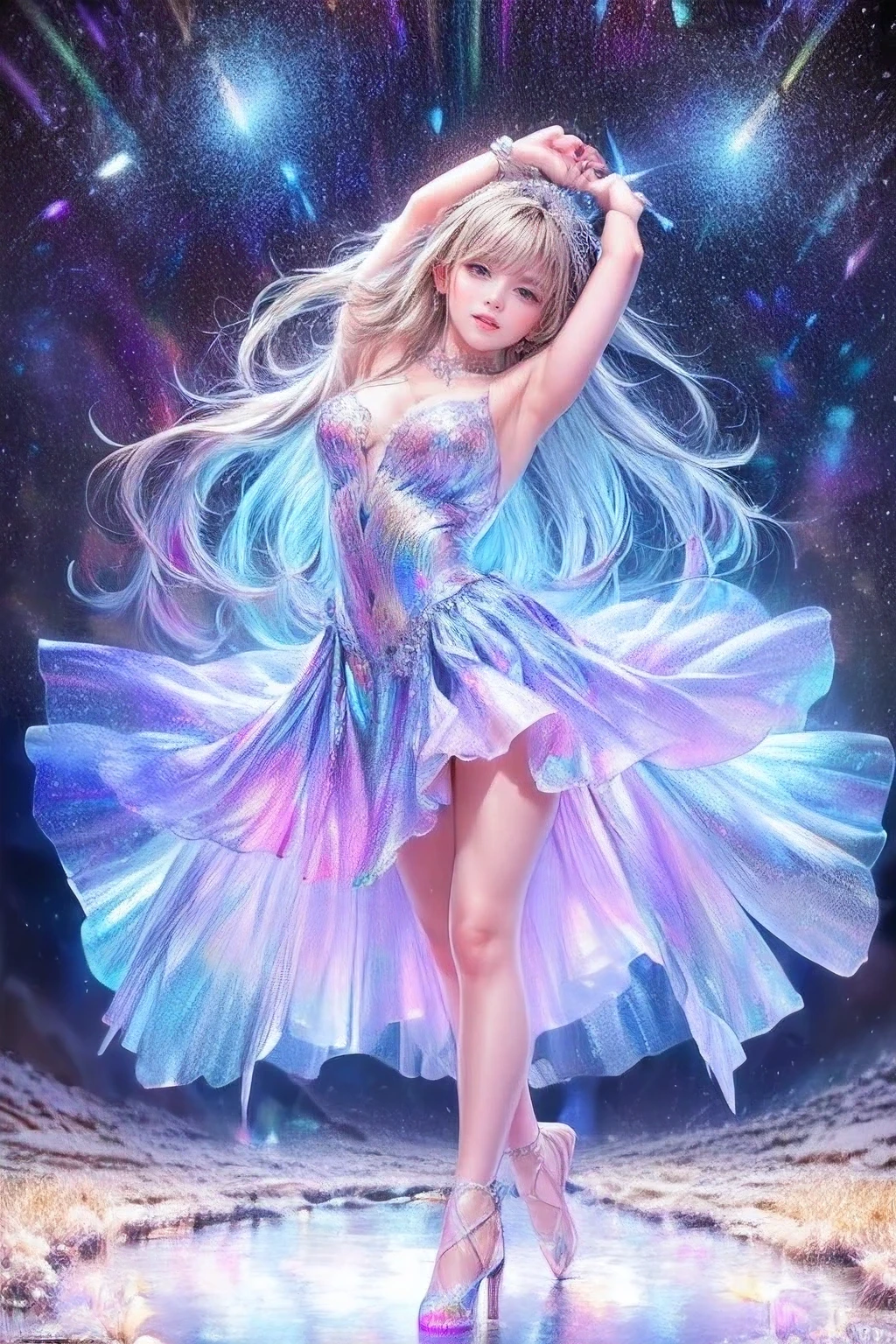 raw photo:1.2, masterpiece, highest quality, 16k, unbelievably absurd, very detailed, perfect beauty, (double exposure vibrant colors hologram:1.3), (layered vibrant colors hologram:1.2), (snow world photo scenery), snowflakes, starry sky with aurora, flowing sheer dress, flowy long hair, (lake:1.2), (realistic photo scenery), (moonlight), (ballerina girl dancing, romantic tutu), 