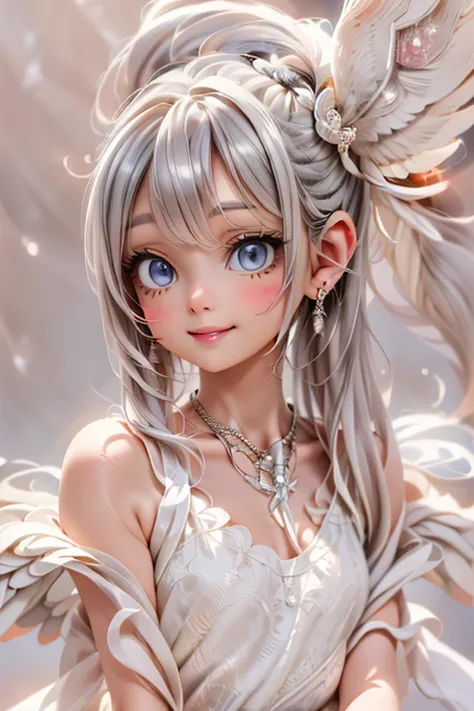 // poseclose_up, a cute angel smiling, (sylver hair), white feathered wings, sylver necklace, sylver earrings, sparkling eyes, i...