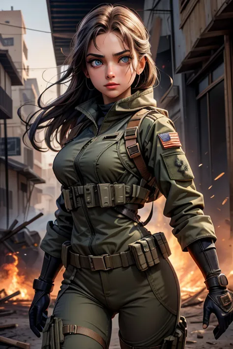 Amidst the chaos and devastation of a war scenario, uma mulher soldado se destaca de forma deslumbrante. Your features are strik...