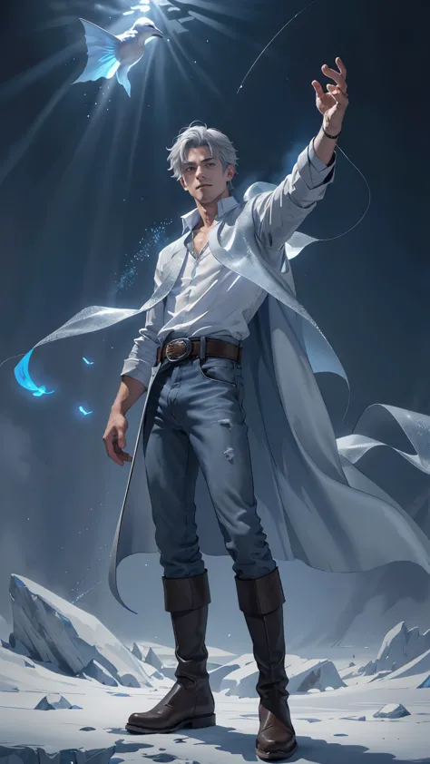 Design 1wizard man throwing a ray of frost. Young man with ice  cape.Light gray hair Gray eyes Wearing a white button-down shirt...