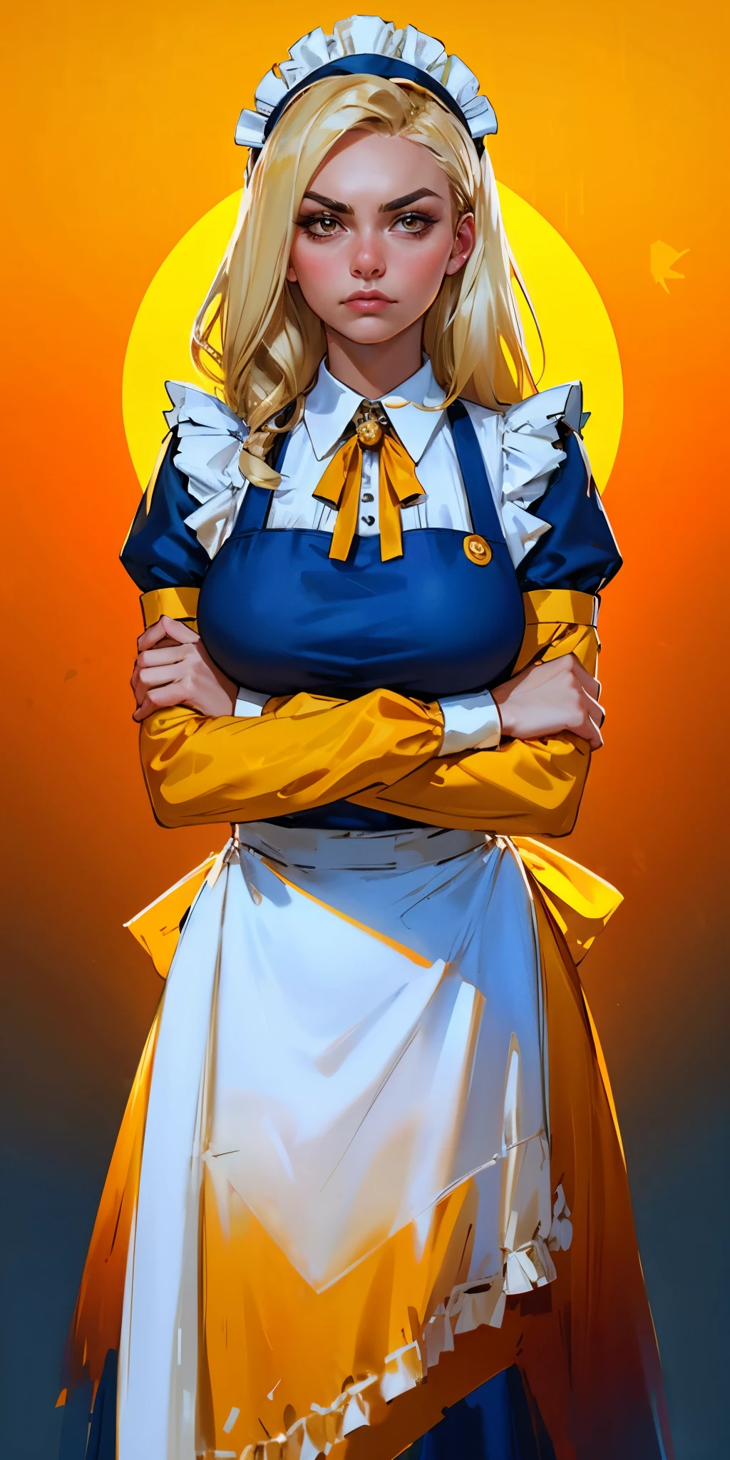 1girl, apron, blonde hair, bow, breast hold, breasts, brooch, closed mouth, crossed arms, dress, dusk, enmaided, evening, frown, ginkgo leaf, gradient, gradient background, long hair, long sleeves, looking at viewer, maid, maid apron, maid headdress, medium breasts, orange background, orange sky, orange theme, ribbon, solo, sunflower, sunset, v-shaped eyebrows, white apron, yellow background, yellow sky, yellow theme