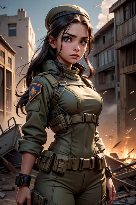 Amidst the chaos and devastation of a war scenario, uma mulher soldado se destaca de forma deslumbrante. Your features are strik...
