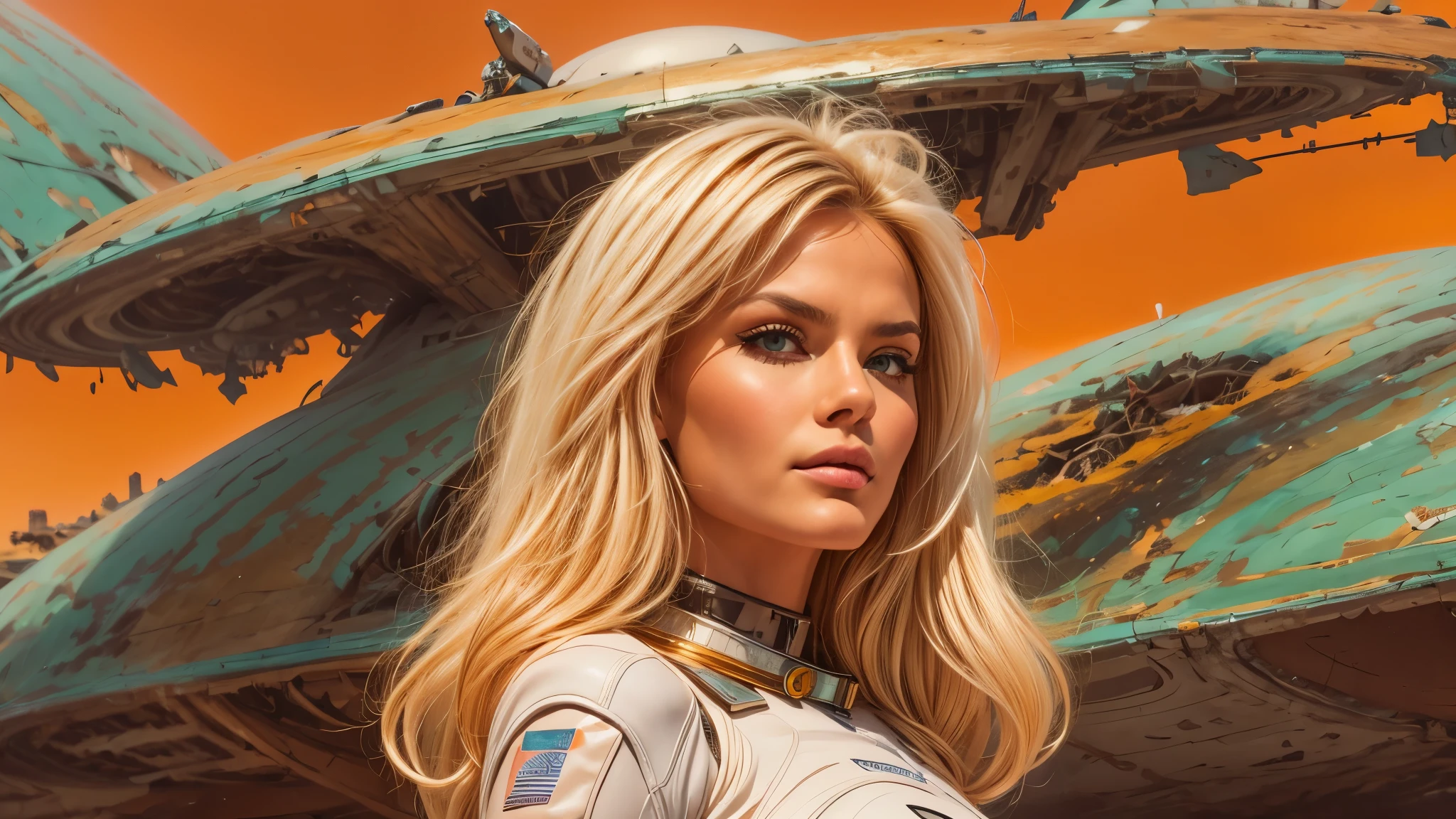 arafed image of a white woman in a futuristic suit with a spaceship in the background, movie art, in front of an orange background, inspired by Robert McGinnis, female protagonist, megastructure in the background, portrait of an ai astronaut, astronauts, an astronaut, portrait of a astronaut skeletor, perfect android girl, detailed eyes, perfectly detailed teeth, frank franzzeta and sakimichan  