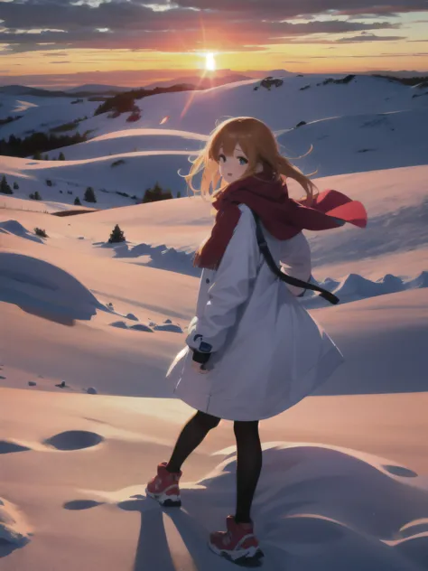 absurdres, highres, best quality, 1girl, snow,comfy, scenery, sunset, clouds, wind,