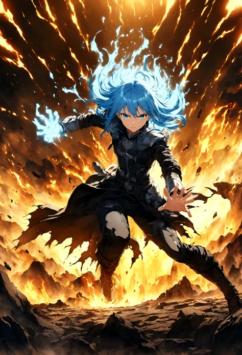 Anime girl with blue hair and black outfit running through a fire - SeaArt  AI