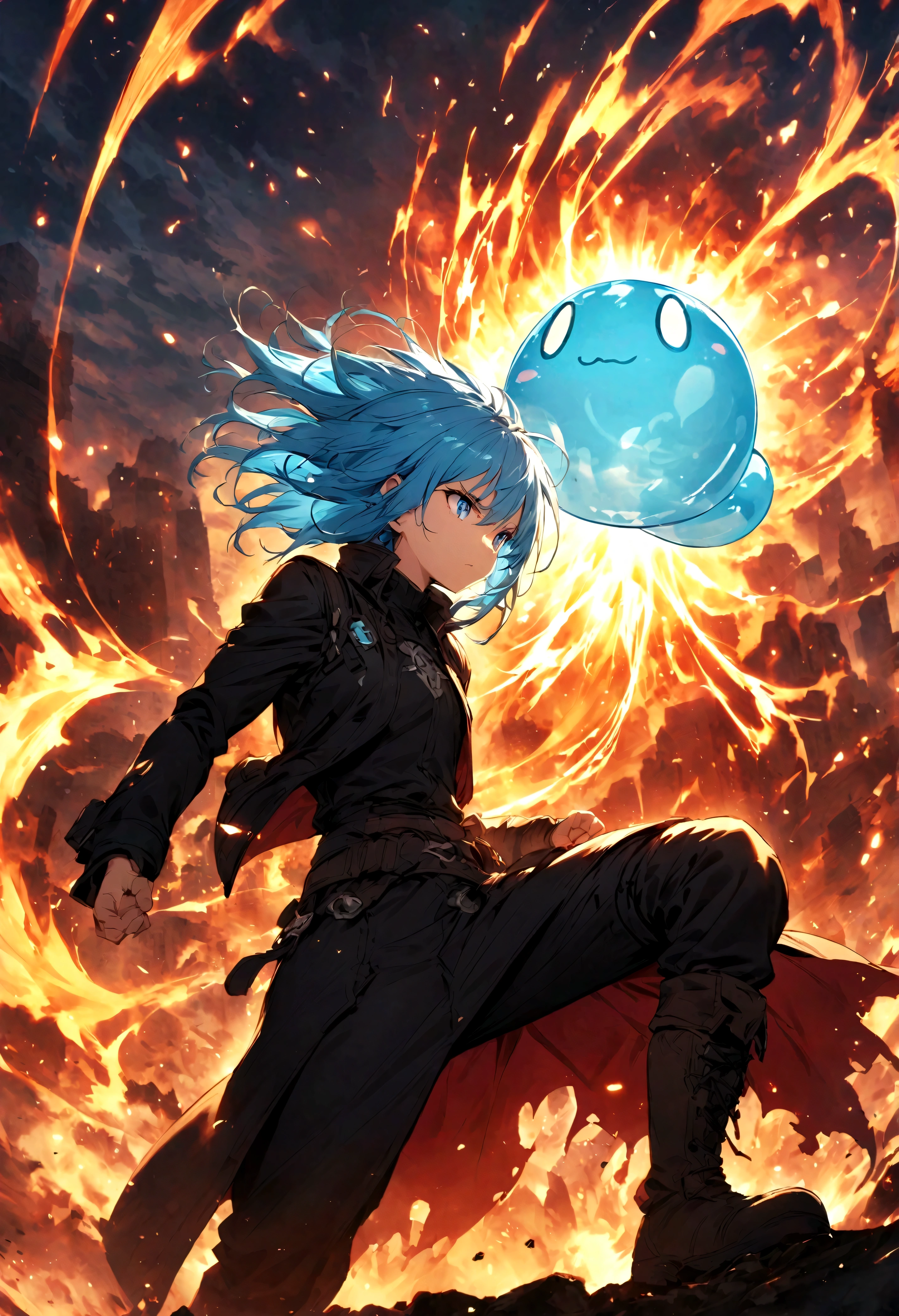 Rimuru Tempest,Create an action-packed battle scene featuring Rimuru Tempest from the manga and anime 'That Time I Got Reincarnated as a Slime'. Rimuru has blue hair and blue eyes, dressed in a stylish battle outfit like a black coat and boots. Capture him in a dynamic combat pose, perhaps casting a powerful spell or confronting an enemy, with a confident and determined expression. The background should depict a grand battlefield in a fantasy world, filled with magical effects and a war-torn landscape. Include intense special effects such as bursts of light, energy waves, and wind to emphasize the power of his magic. Highlight his aura and any transformation abilities, such as parts of his body showing his slime form. The scene should convey the intensity and drama of an epic battle.