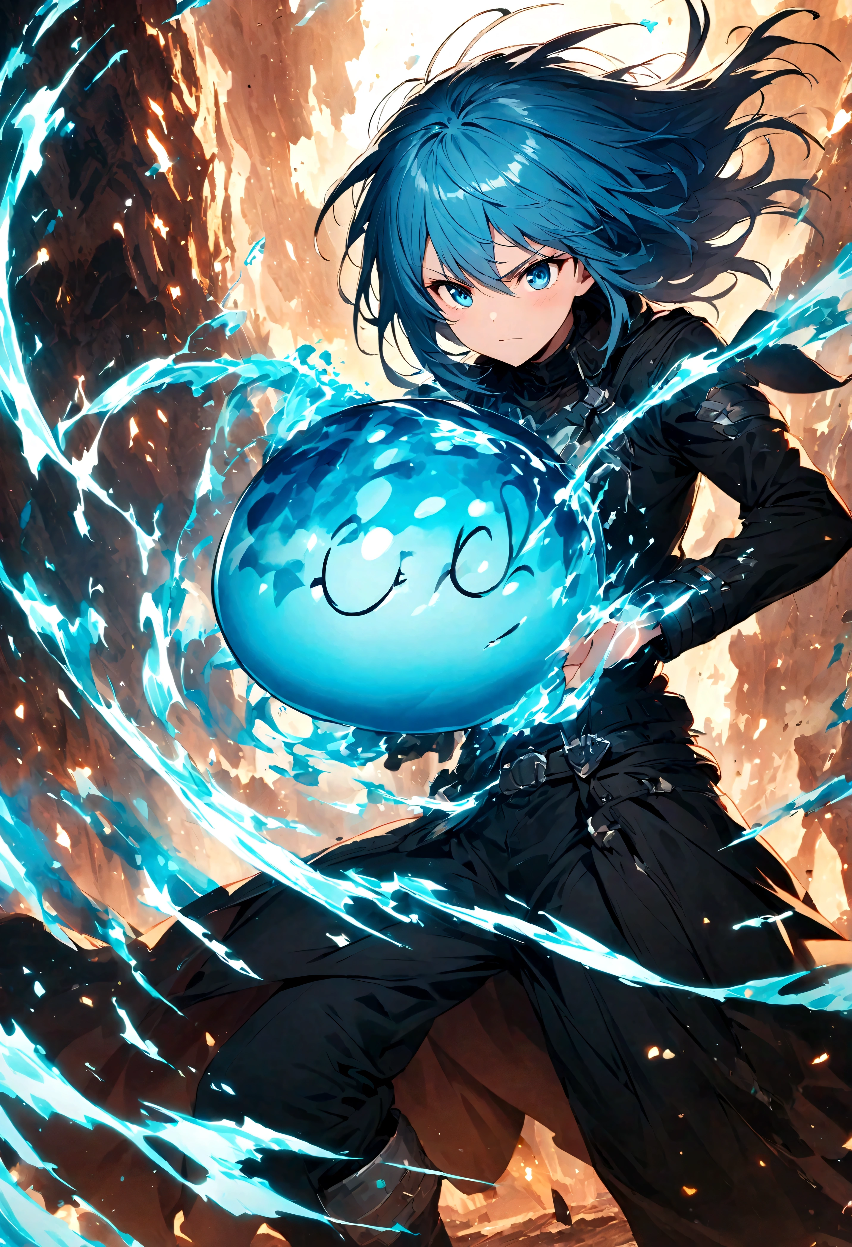 Rimuru Tempest,Create an action-packed battle scene featuring Rimuru Tempest from the manga and anime 'That Time I Got Reincarnated as a Slime'. Rimuru has blue hair and blue eyes, dressed in a stylish battle outfit like a black coat and boots. Capture him in a dynamic combat pose, perhaps casting a powerful spell or confronting an enemy, with a confident and determined expression. The background should depict a grand battlefield in a fantasy world, filled with magical effects and a war-torn landscape. Include intense special effects such as bursts of light, energy waves, and wind to emphasize the power of his magic. Highlight his aura and any transformation abilities, such as parts of his body showing his slime form. The scene should convey the intensity and drama of an epic battle.