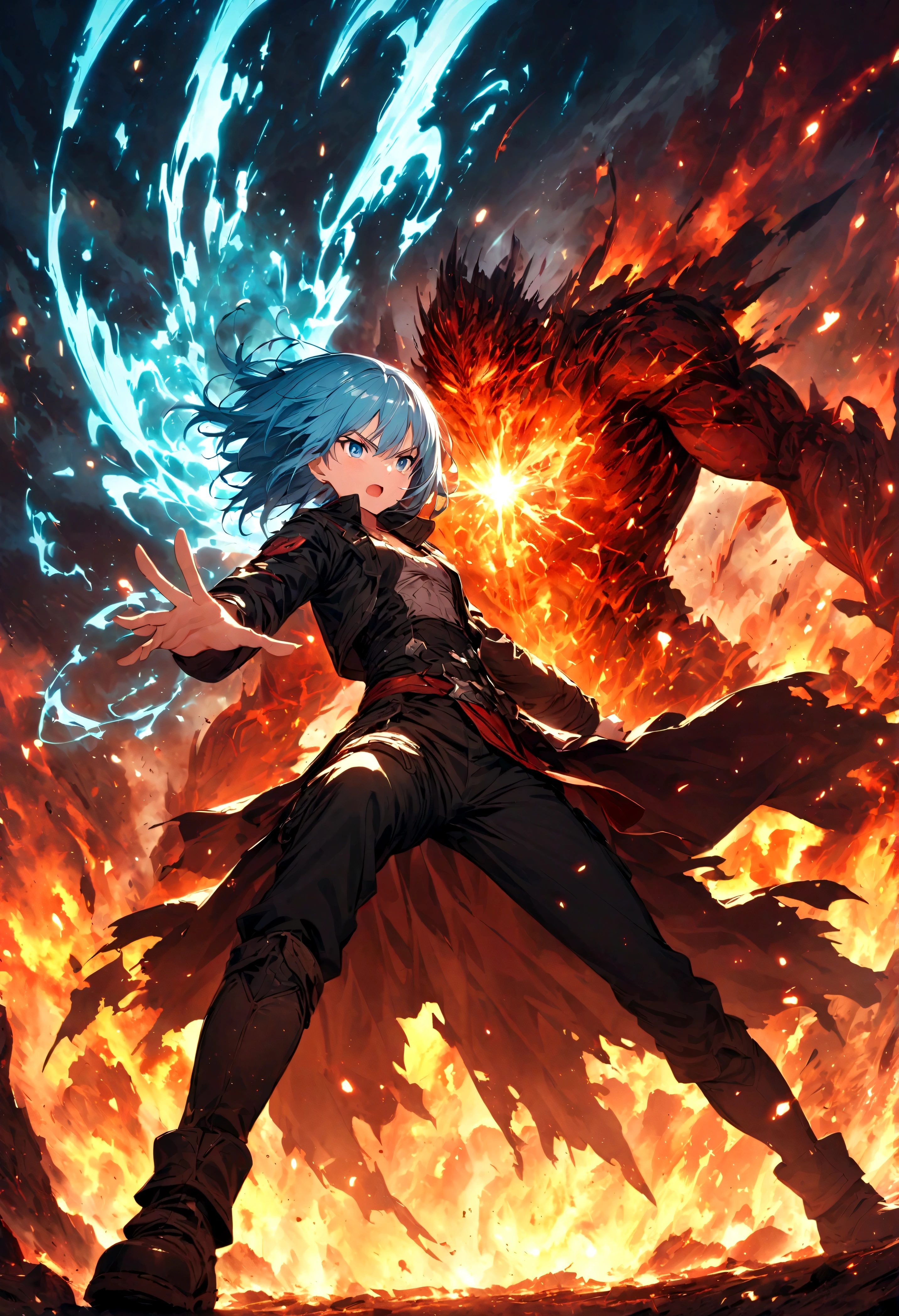 Rimuru Tempest,Create an action-packed battle scene featuring Rimuru Tempest from the manga and anime 'That Time I Got Reincarnated as a Slime'. Rimuru has blue hair and blue eyes, dressed in a stylish battle outfit like a black coat and boots. Capture him in a dynamic combat pose, perhaps casting a powerful spell or confronting an enemy, with a confident and determined expression. The background should depict a grand battlefield in a fantasy world, filled with magical effects and a war-torn landscape. Include intense special effects such as bursts of light, energy waves, and wind to emphasize the power of his magic. Highlight his aura and any transformation abilities, such as parts of his body showing his slime form. The scene should convey the intensity and drama of an epic battle.