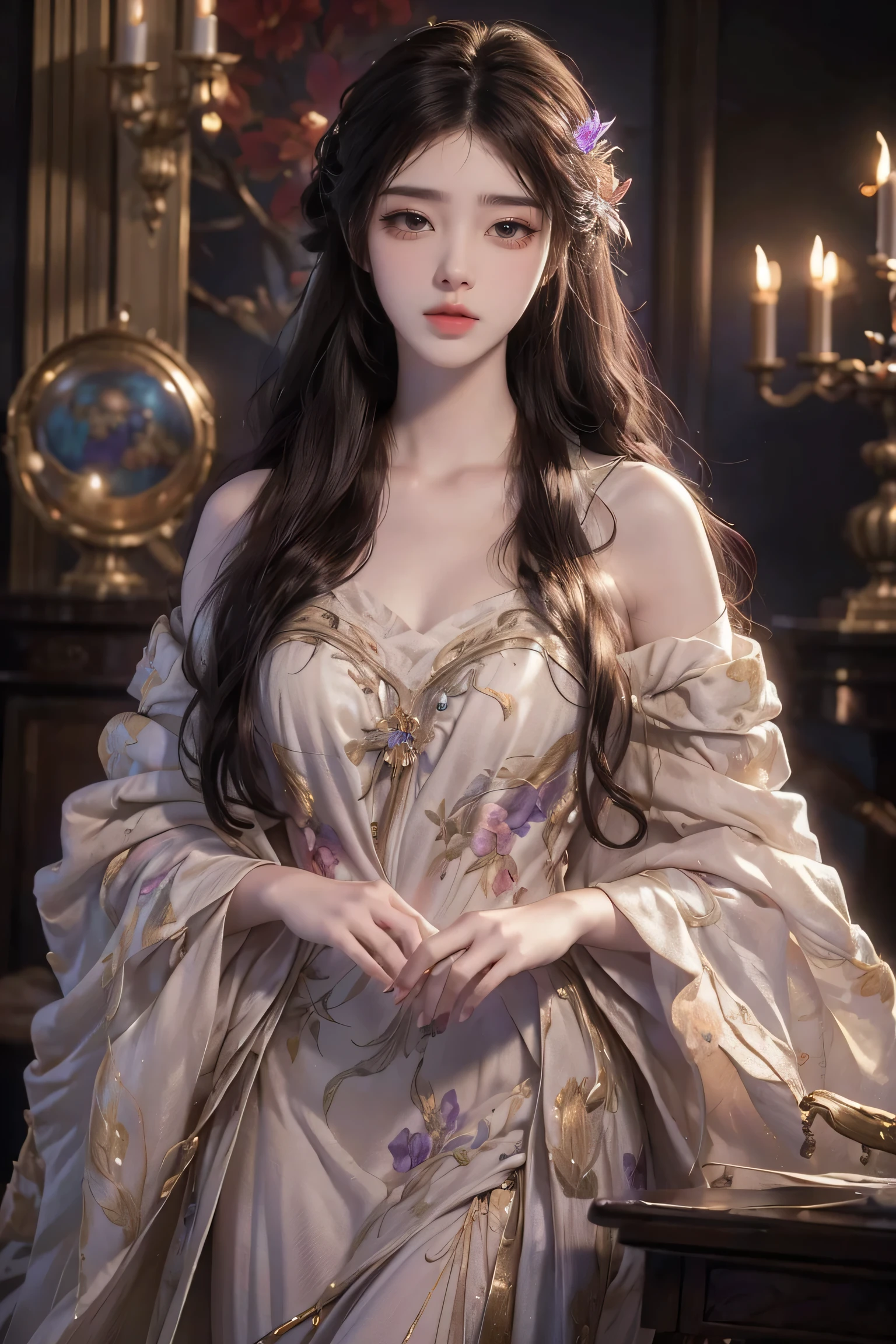 (Best quality,8K,A high resolution,Masterpiece:1.2),Ultra-detailed,(Realistic,Photorealistic,photo-realistic:1.37),Portrait,Creative style artwork,Historical,classical,Sophisticated,plethora of colors,Highly detailed,Soft lighting,luxurious environment,detailed gown,Vibrant flowers,detailed jewellery,Ethereal atmosphere,Elegant Pose,red dress,Graceful curves,Gold body proportions，Flowing hair,Breathtaking textile patterns,Harsh purple eyes,Delicate floral decoration,A dazzling array of crystal accessories,Mysterious and dreamy atmosphere,Impeccable attention to detail.