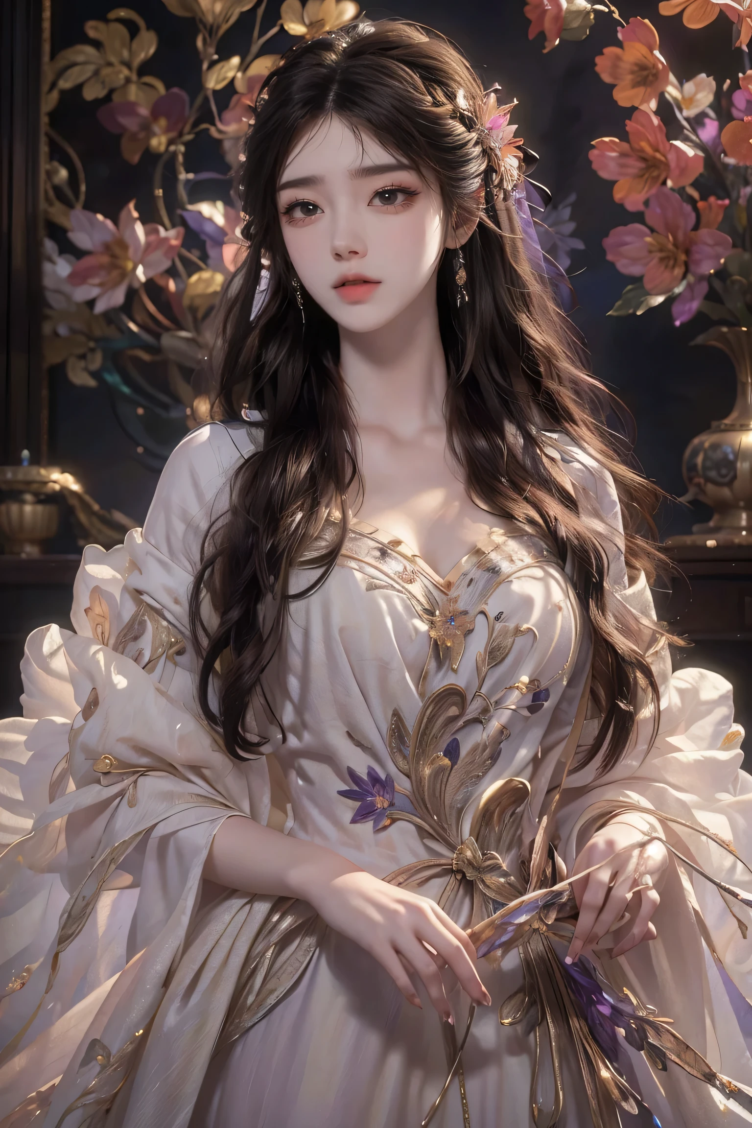 (Best quality,8K,A high resolution,Masterpiece:1.2),Ultra-detailed,(Realistic,Photorealistic,photo-realistic:1.37),Portrait,Creative style artwork,Historical,classical,Sophisticated,plethora of colors,Highly detailed,Soft lighting,luxurious environment,detailed gown,Vibrant flowers,detailed jewellery,Ethereal atmosphere,Elegant Pose,red dress,Graceful curves,Gold body proportions，Flowing hair,Breathtaking textile patterns,Harsh purple eyes,Delicate floral decoration,A dazzling array of crystal accessories,Mysterious and dreamy atmosphere,Impeccable attention to detail.