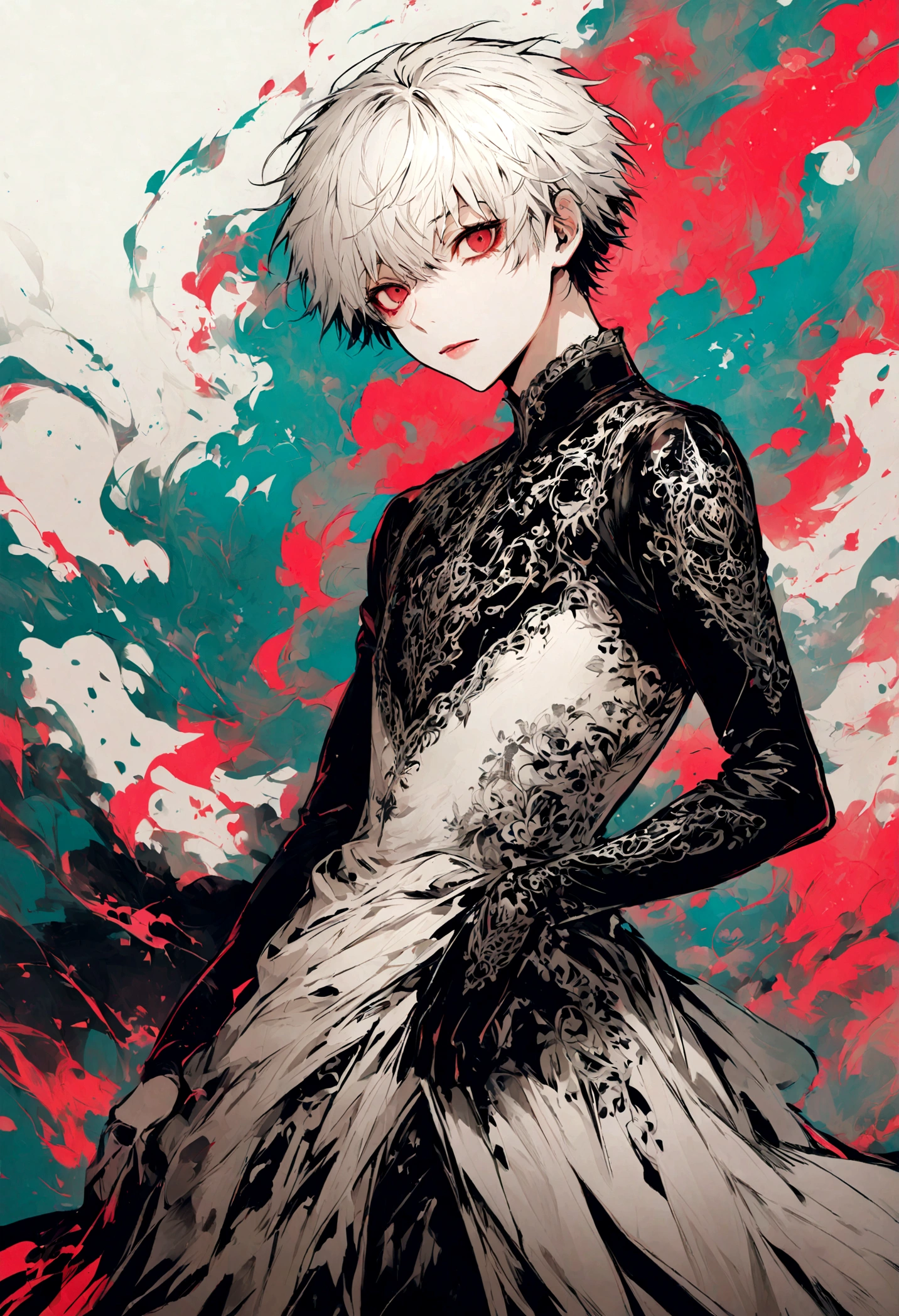 1 male,Kaneki,Tokyo Ghoul,,Sui Ishida's painting style,Intricate details,Use black and white as your main colors,Decadent,artwork,rendering,Dynamic Pose,(masterpiece:1.3),(highest quality:1.4),(ultra detailed:1.5),High resolution,extremely detailed,unity 8k wallpaper,Dark fantasy,Brush strokes,Glare,Battle Style,Crazy smile