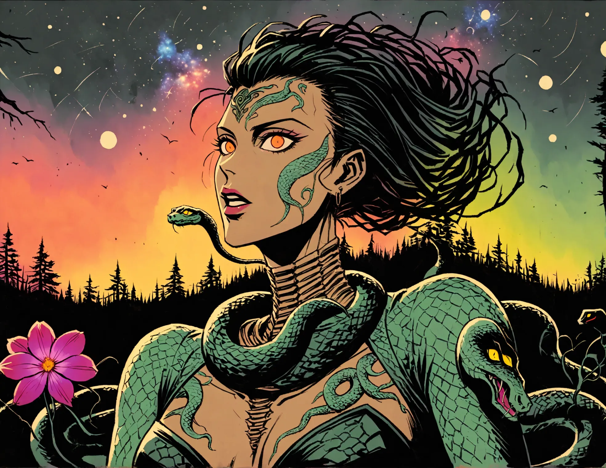 Medusa, splash page decompressed comic cover art, ink style figure, ((expressive Joelle Jones and "Sean Gordon Murphy" comic dra...