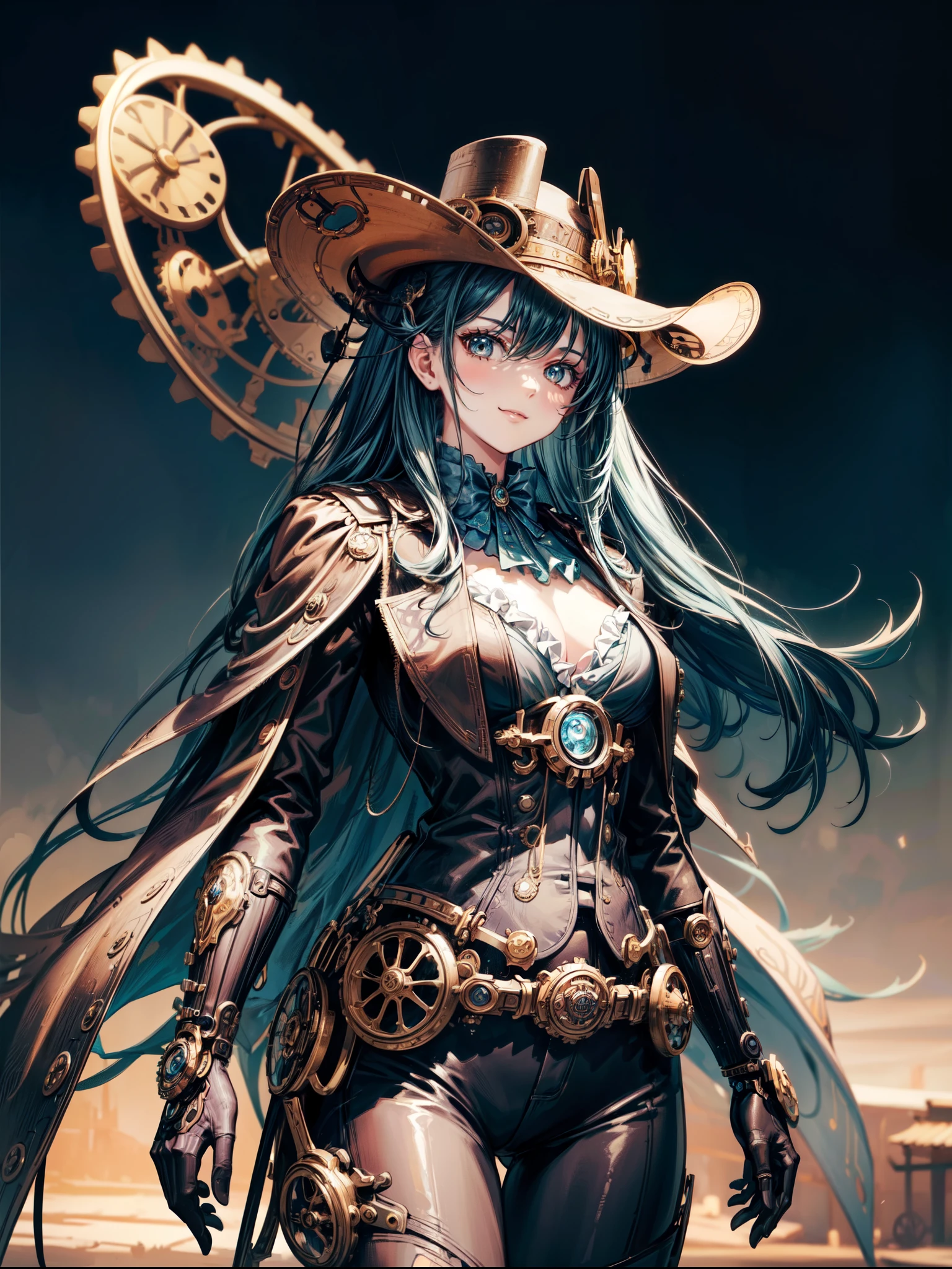 (cowboy shot, top quality,),8k, flat color: 0.8, dynamic angle, 1 girl, smile,slender body,(highly decorative and intricate mechanical steampunk fashion, lace flare dolphin hat, goggles 1.5, mechanical background, cogwheel background, finely mechanized steampunk cityscape 1.5),