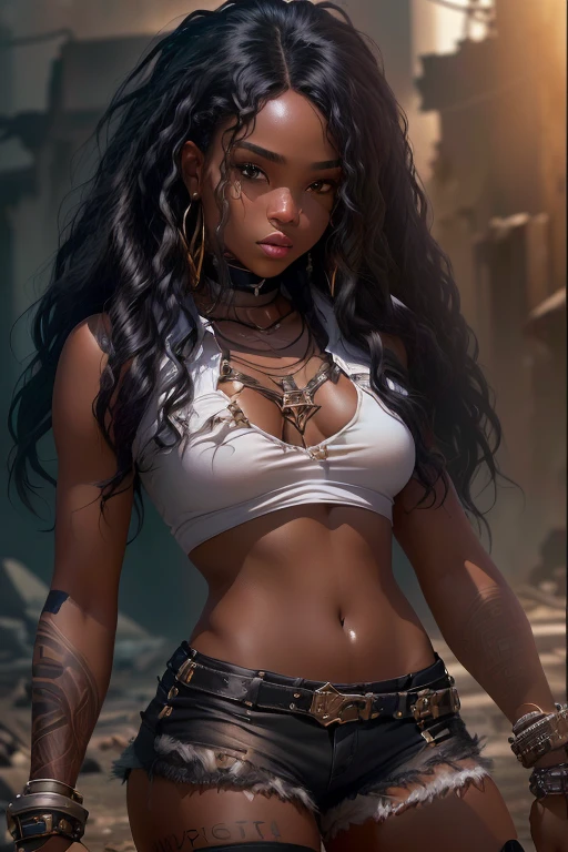 ((21-year-old))) black girl, (((light skin))),  (((close-up full body pose))),  (((long wavy black hair))), (((silk thigh highs with skimpy shorts))), (((wearing post-apocalyptic clothing, short sleeve white shirt, unbuttoned half way))), african tribal tattoo sleeve, dark fantasy art, Rich, Deep Colours, (intricate details:0.9), (HDR, hyper-detailing:1.2), (natural skin textures, hyper realisitc, soft light, Sharp),