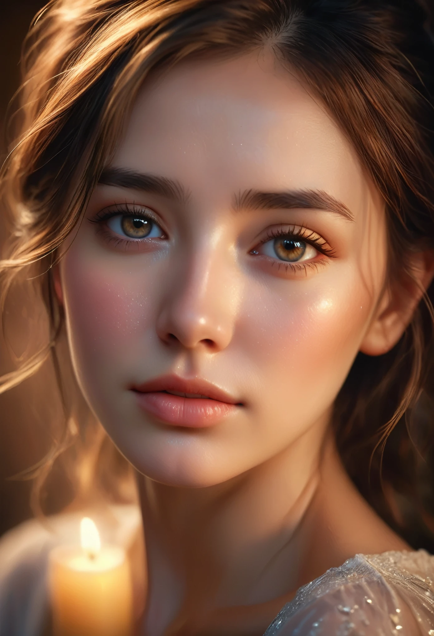 A close-up of a beautiful young woman's face, with a single tear gently rolling down her cheek. Her eyes should be filled with deep emotion, sparkling with unshed tears. Her skin should be smooth and radiant, with detailed textures that enhance the realism. The lighting should be soft and warm, casting a gentle glow that highlights her delicate features and the tear. The background should be softly blurred, keeping the focus entirely on her expressive face. Include subtle details like stray hairs softly framing her face to add to the overall beauty and emotion of the scene.,(masterpiece:1.3),(highest quality:1.4),(ultra detailed:1.5),High resolution,extremely detailed,unity 8k wallpaper,