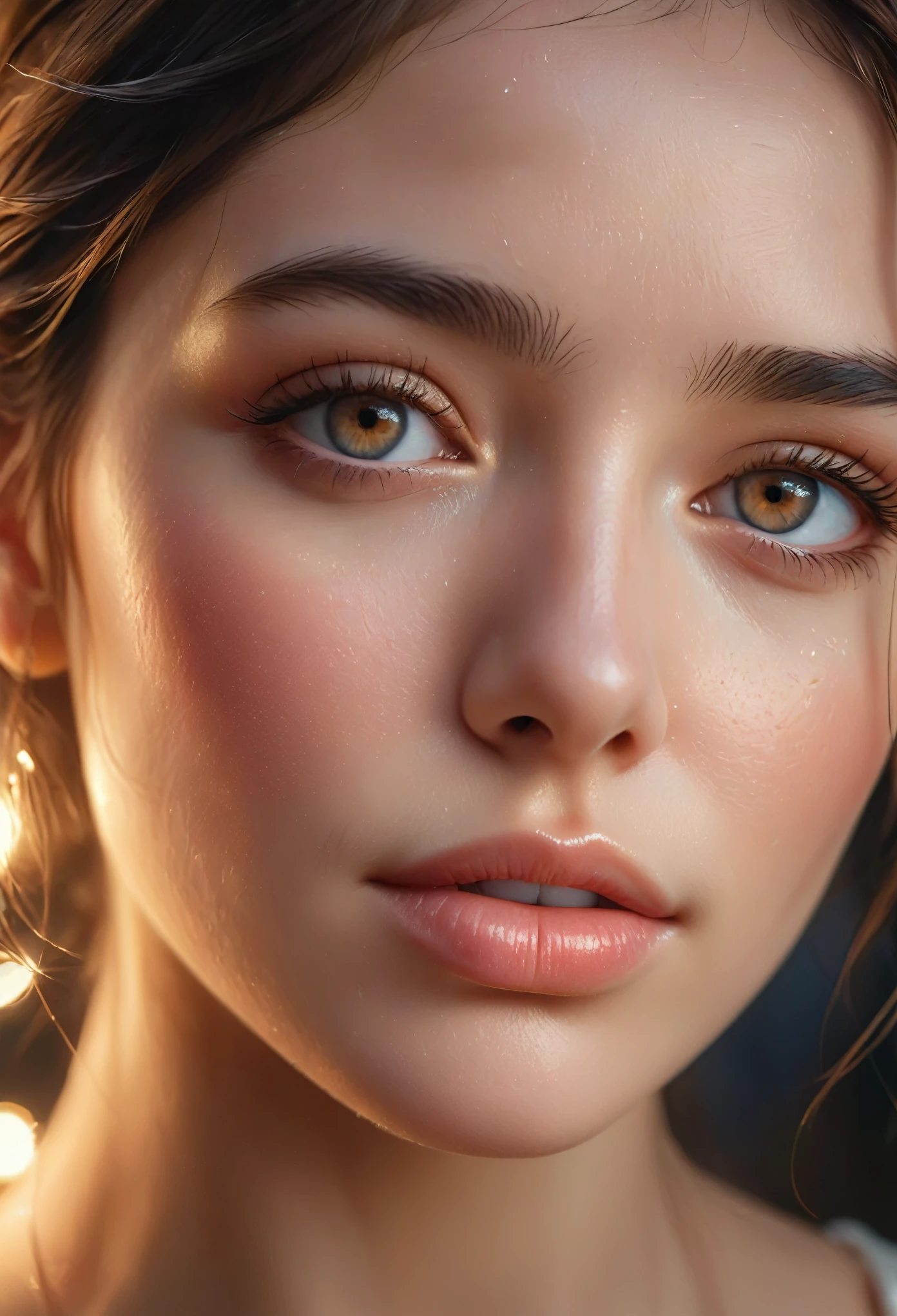 A close-up of a beautiful young woman's face, with a single tear gently rolling down her cheek. Her eyes should be filled with deep emotion, sparkling with unshed tears. Her skin should be smooth and radiant, with detailed textures that enhance the realism. The lighting should be soft and warm, casting a gentle glow that highlights her delicate features and the tear. The background should be softly blurred, keeping the focus entirely on her expressive face. Include subtle details like stray hairs softly framing her face to add to the overall beauty and emotion of the scene.,(masterpiece:1.3),(highest quality:1.4),(ultra detailed:1.5),High resolution,extremely detailed,unity 8k wallpaper,