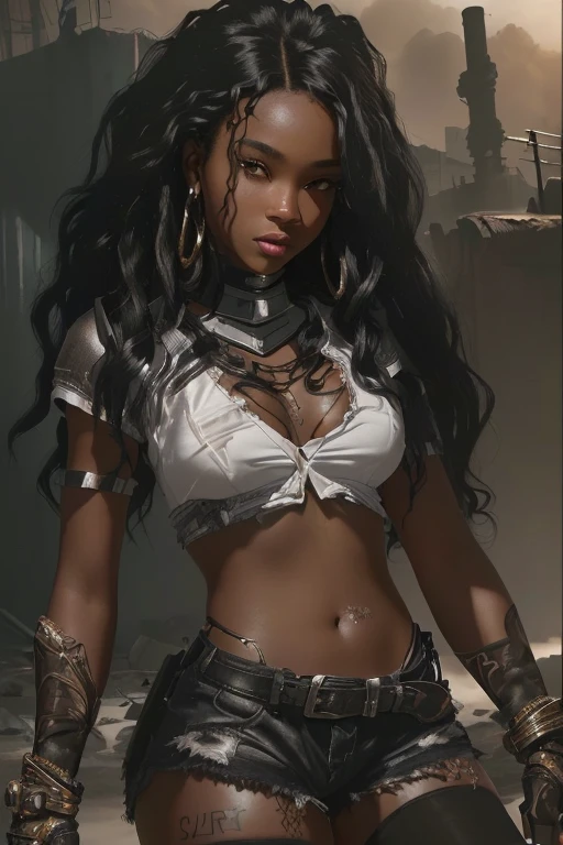 ((21-year-old))) black girl, (((light skin))),  (((close-up full body pose))),  (((long wavy black hair))), (((silk thigh highs with skimpy shorts))), (((wearing post-apocalyptic clothing, short sleeve white shirt, unbuttoned half way))), african tribal tattoo sleeve, dark fantasy art, Rich, Deep Colours, (intricate details:0.9), (HDR, hyper-detailing:1.2), (natural skin textures, hyper realisitc, soft light, Sharp),