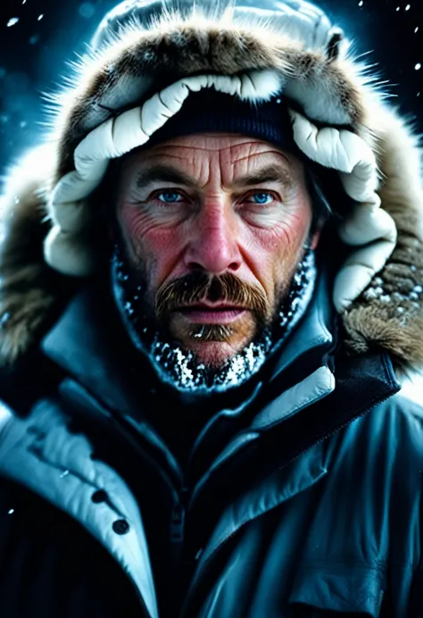 Close-Up of Face, Extremely detailed cinematic film still photography of centered portrait of a Polar Explorers : snow, ice, bli...