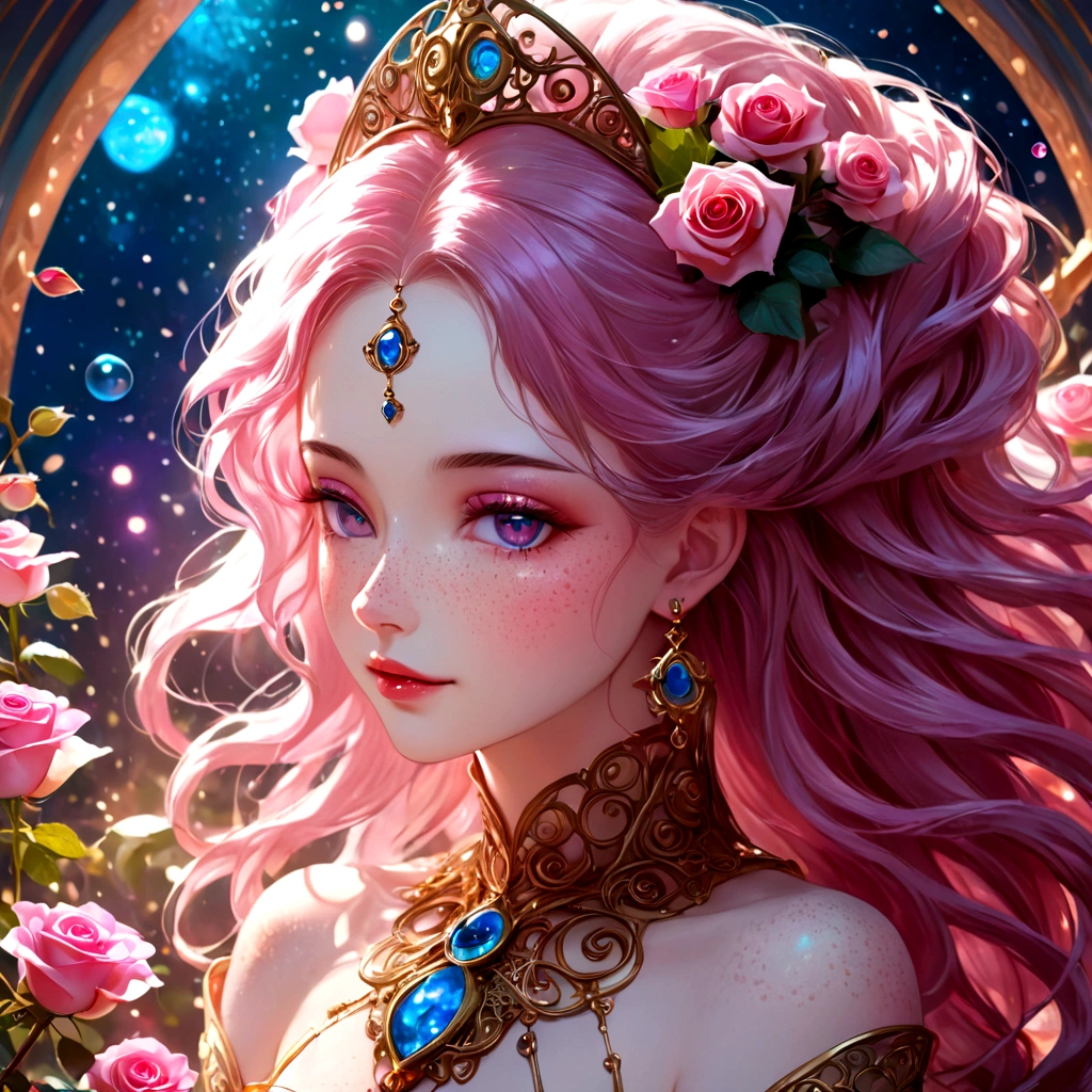 (This is a beautiful, intricate, (romatic) fantasy image that emphasizes beauty and grace.) Generate a blind curvy woman with soft natural freckles. Her face is important and should be (perfectly formed) with (beautiful puffy lips) and (perfect features). There is a cute freckle birthmark on her lip. The image exudes ethereal beauty and soft fantasy, with shimmering shades of pink throughout. Surround her with eternal roses in shimmering shades. Ensure perfection in her face, hair, and eyes. Include sweet and detailed birds and soft, luminous flowers and detailed roses. Utilize dynamic composition and dramatic lighting and cinematic lighting to create an interesting fantasy image. The background of the image is interesting and ultra-detailed, with soft fantasy lighting and gradients. Include fantasy details, cute aura, colorful, colourful, and interesting magical background. The image's background is decorated in shades of pink, shimmer, glitter, and fantasy details like colored bubbles and cosmos. Include subtle freckles, natural freckles and a diffused realistic skin tone. Incorporate elements of high fantasy, whimsy, and detailed elegance. English rose, princess, courtesan, noblewoman, sweet, lovely, calm, lovely, shimmering, glimmering, glittering, astrological fantasy, (((masterpiece))), (highest quality), magic rose, fantasy garden, beautiful face, perfect face, puffy lips, interesting, shy smile, fantasy elements, magic rose, beautiful eyes, perfect puffy lips, jewel tones, luminosity. Taken with a canon camera.