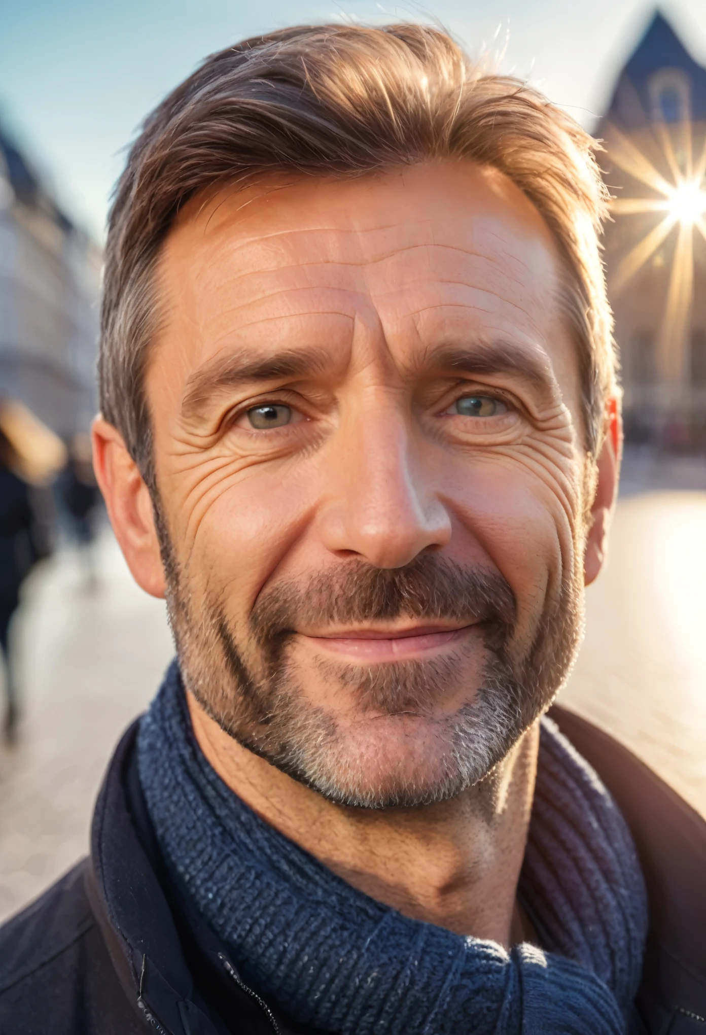 Zoom in on a cute European 40 yo man face, professional photography, 32k, RAW photo, best quality, HDR , highresabsurdres:1.2, lens flare,
