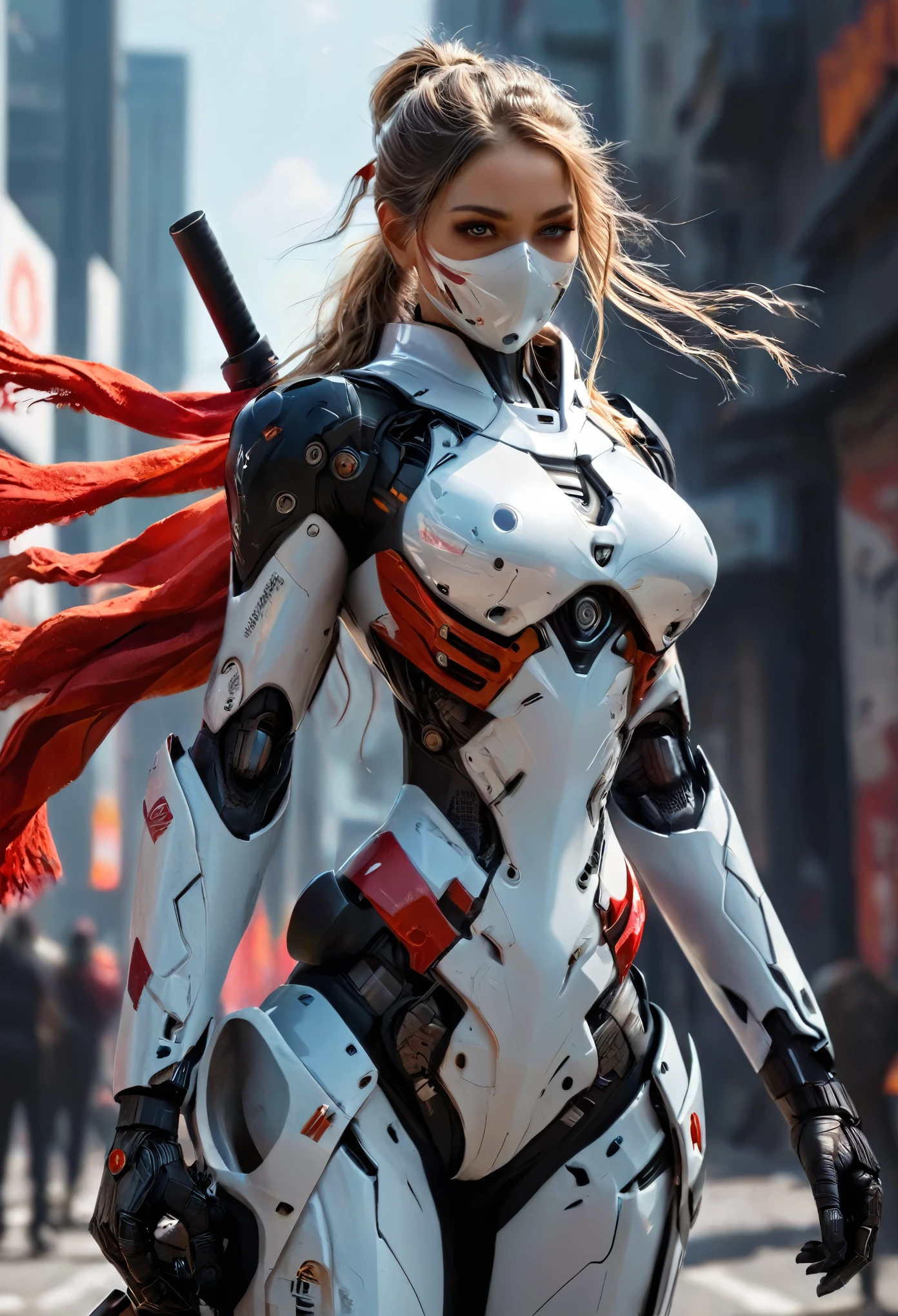 (best quality,4k,8k,highres,masterpiece:1.2),ultra-detailed,(Ultra-realistic, photorealistic,photo-realistic:1.37), a deadly ninja woman in a powerful mech suit, heavy AWP rifle on her back, digital SLR camera, light tracing, 3d, concept art, action painting, cinematic lighting, chiaroscuro, (1.3) emphasizing the curves of her body, long graceful white ponytail, (0.5) hints of violence and horror, a long red scarf flowing in the wind, a war-torn city in the background, 8k resolution, beautiful face, high nose, iridescent eyes, Matte Black, Metallic gray, (NSFW:1.2)