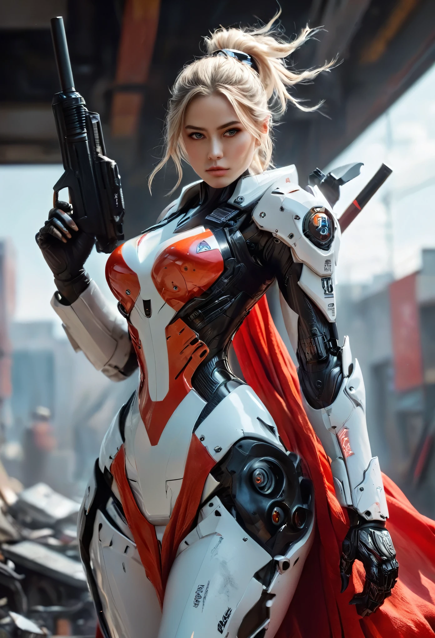 (best quality,4k,8k,highres,masterpiece:1.2),ultra-detailed,(Ultra-realistic, photorealistic,photo-realistic:1.37), a deadly ninja woman in a powerful mech suit, heavy AWP rifle on her back, digital SLR camera, light tracing, 3d, concept art, action painting, cinematic lighting, chiaroscuro, (1.3) emphasizing the curves of her body, long graceful white ponytail, (0.5) hints of violence and horror, a long red scarf flowing in the wind, a war-torn city in the background, 8k resolution, beautiful face, high nose, iridescent eyes, Matte Black, Metallic gray, (NSFW:1.2)