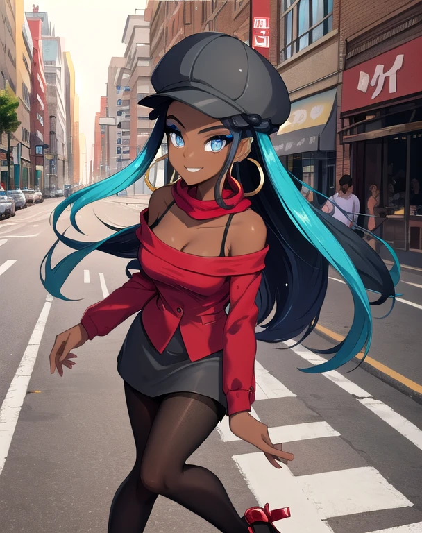 masterpiece, best quality, (Detailed face:1.2), (Detailed eyes:1.2), solo, 1girl, nessacasual, dark skin, makeup, smile, medium breasts, grey cabbie hat, red shirt, off shoulder, collarbone exposed, cleavage, red scarf, black short skirt, pantyhose, hoop earrings, black high-heels, hoop earrings, outdoors, city street
